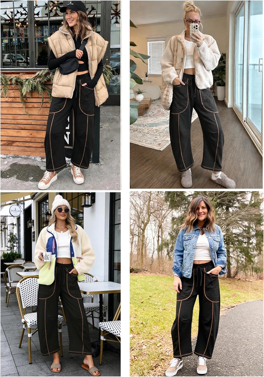 Womens Casual Barrel Pants Baggy Wide Leg Lounge Drawstring Elastic Waist Sweatpants Trousers with Pockets - Image 2