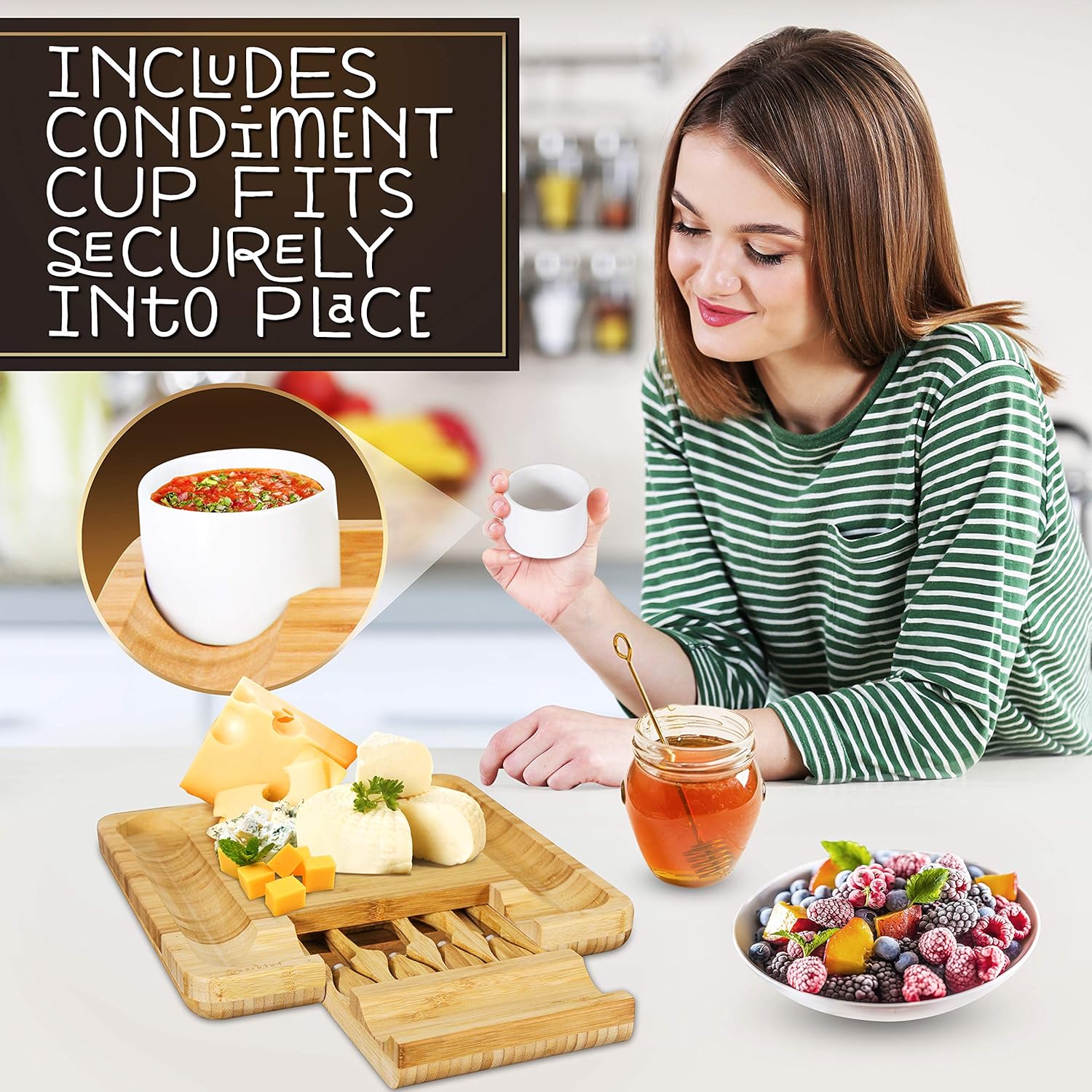 NutriChef Bamboo Natural Cheese Board Set with Bonus Condiment Cup-Extra Large Size 100% Home Organic Wooden Plate and Charcuterie Tray with 4 pcs Cutting Knife Slicer, 13" Square - Image 6