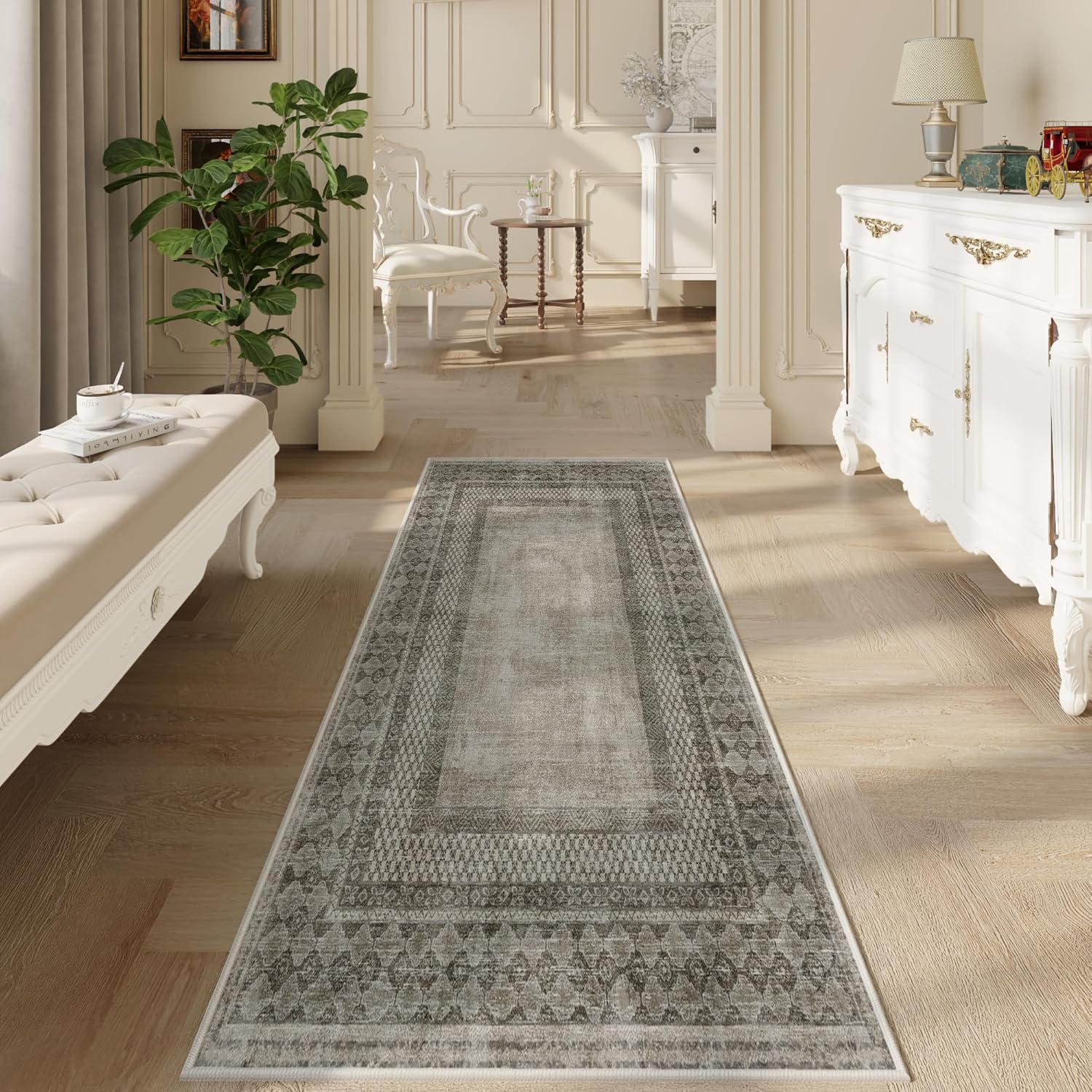 PONY DANCE Brown Runner Rug, 2' x 8' Non-Slip Washable Rug Stain & Water Resistant, Thin Runner for Kitchen, Hallways, Staircases, Pet & Child Friendly Vintage Floor Covering with Rubber Backing 2' x 8' (Rectangular) Brown