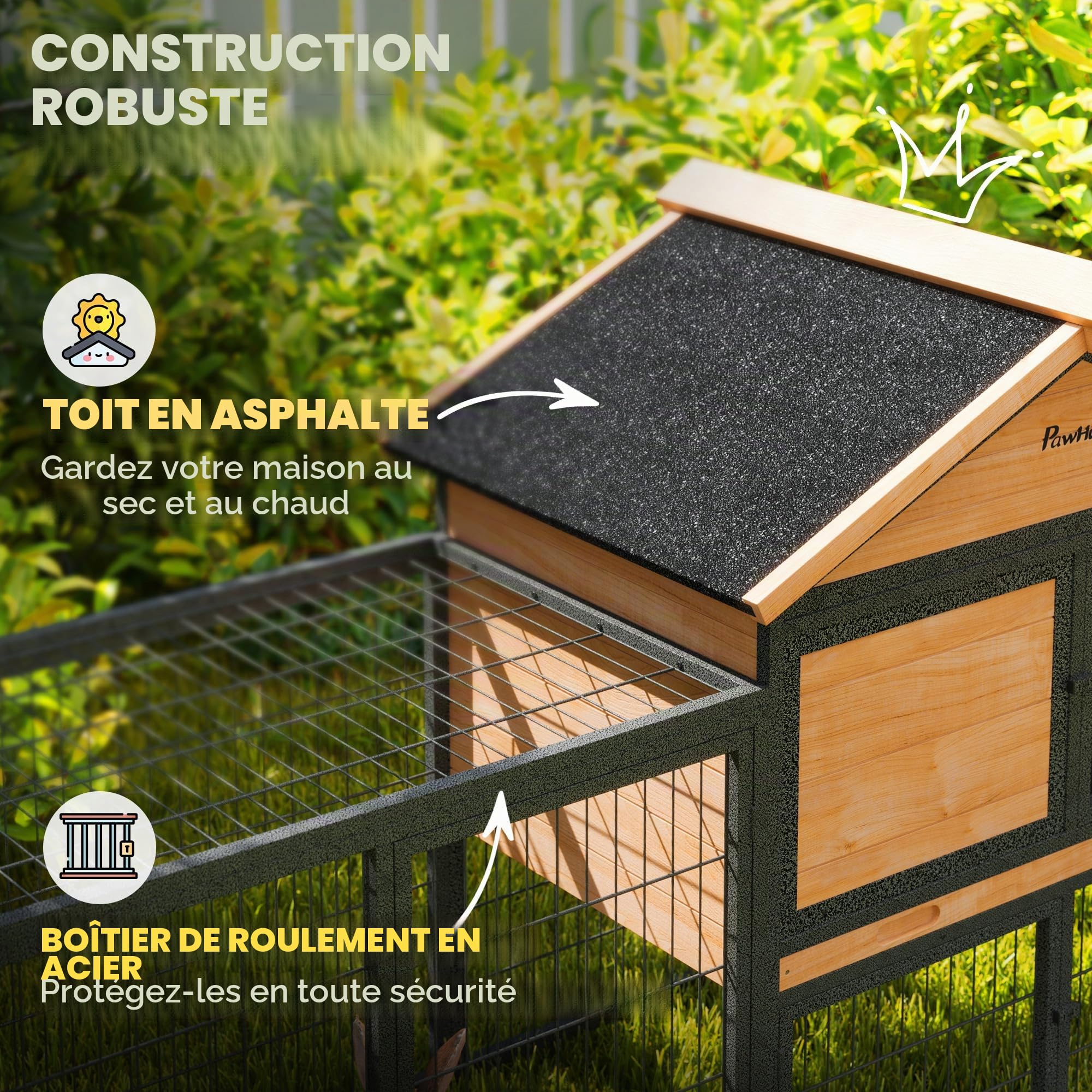 PawHut Clapier pour lapins 2 niveaux avec toit à deux pentes Clapier en bois massif résistant à l'hiver Maison à deux niveaux avec enclos 217x53x86 cm Cage à lapins extérieure Clapier pour petits