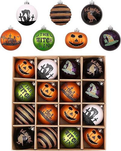 Valery Madelyn Adornos grandes de Halloween para decoración de árbol, 16 unidades de 3.15 pulgadas, inastillables, calabaza Jack-o'-Lantern, juego