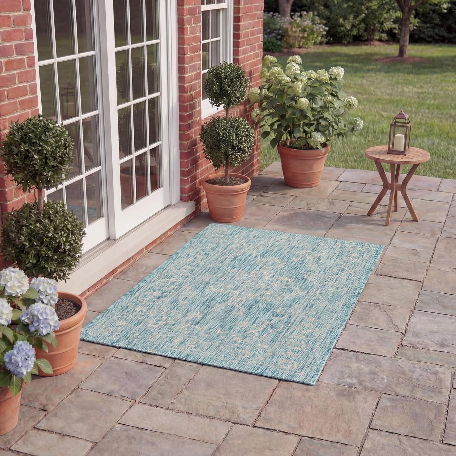 SAFAVIEH Washable Rug Outdoor Courtyard Collection - 2' x 3'7", Aqua Blue & Grey, Non-Shedding & Easy Cleaning, Ideal for Patio, Front Door, Entryway, Doormat (CY8481-37121)