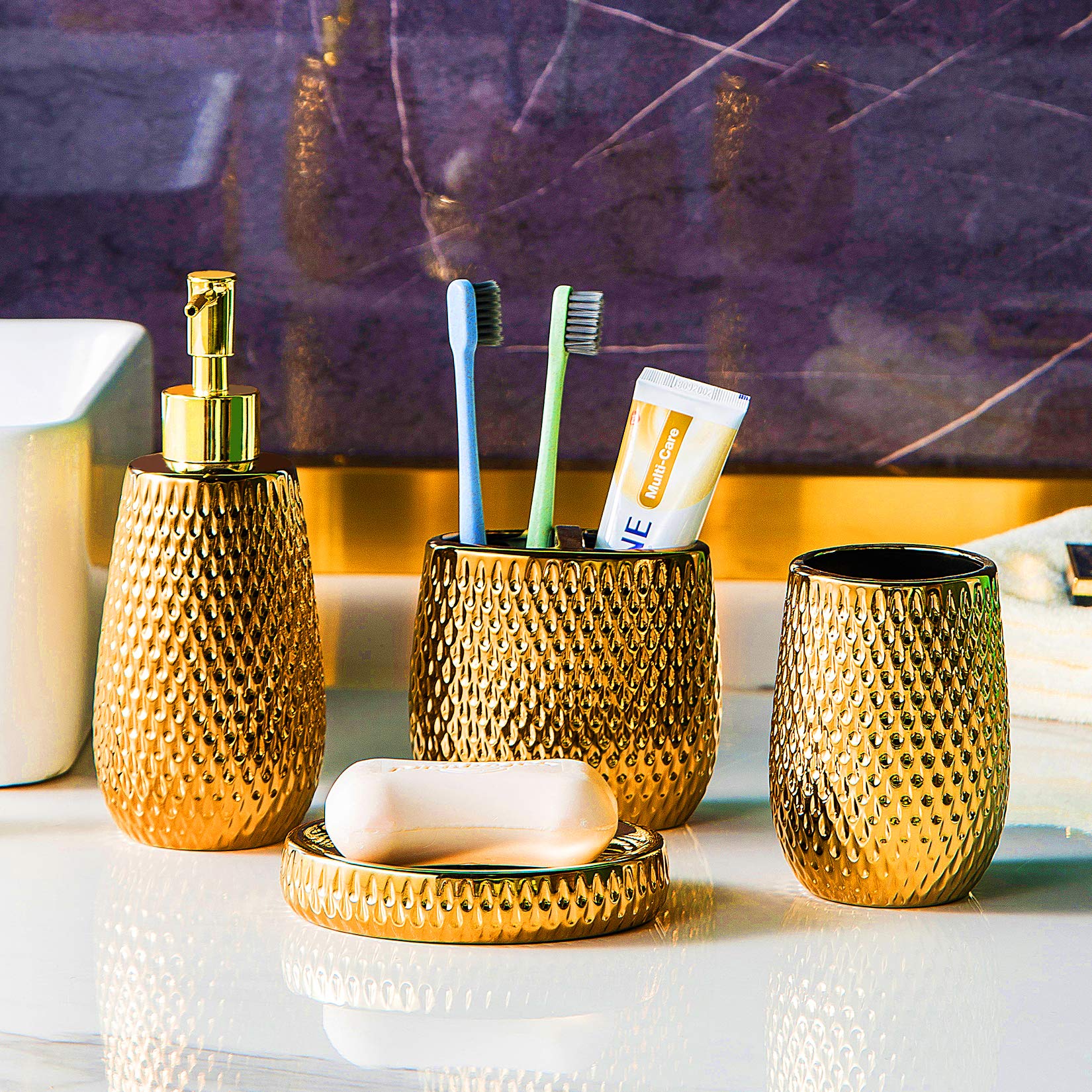 Set Accessori Bagno In Ceramica Oro, 4 Pezzi, Design A Goccia Pioggia Con Portaspazzolino, Bicchiere, Dispenser Sapone E Piattino