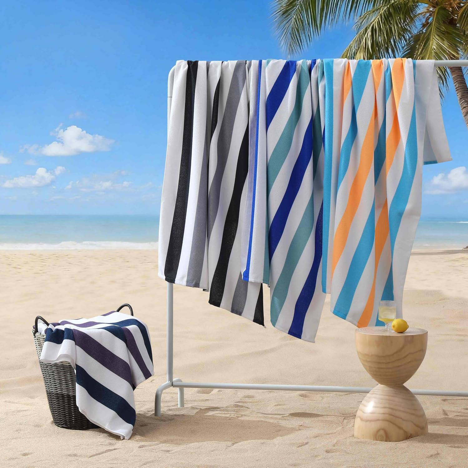 Jessy Home 4 Pack Striped Oversized Beach Towel Set, 40x70 Inch Microfiber Sandproof Quick Dry Super Soft Swim Towels, Absorbent Stylish Pool Towels, Swim Cover Up for Beach Vacation Travel