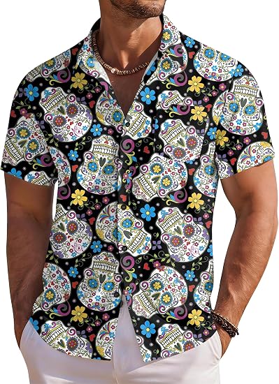 Dia De Los Muertos Shirt Men Day of the Dead Shirts Sugar Skull Button Down