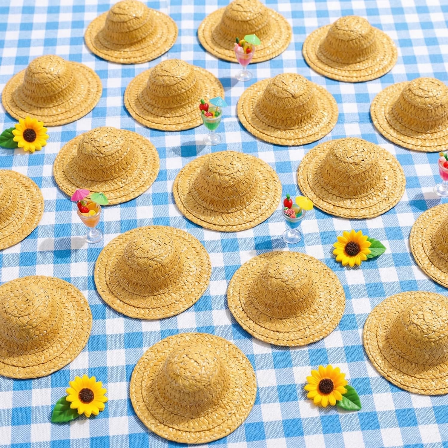 DECHOUS 10Pcs Mini Straw Hats: Tiny Knitting Straw Hats for Crafts Mini Dolls - 2.75 Inch Dollhouse Miniature Cowboy Caps for DIY Costume Party Accessories