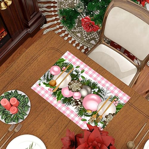 Miniatura 10 de Camino de mesa de Navidad a cuadros de lino rosa y blanco, 72 pulgadas de largo, estilo casa de campo, invierno, Navidad, vacaciones, hogar,