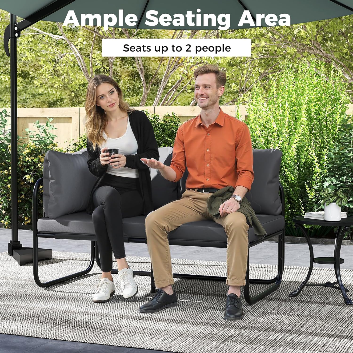 Tangkula Patio Loveseat, Sofa Couch with Removable Pillows & Seat Cushion, Side Armrest, Heavy Duty Metal Frame & Adjustable Foot Pads, Outdoor Double Chair Furniture for Garden (Grey + Black)