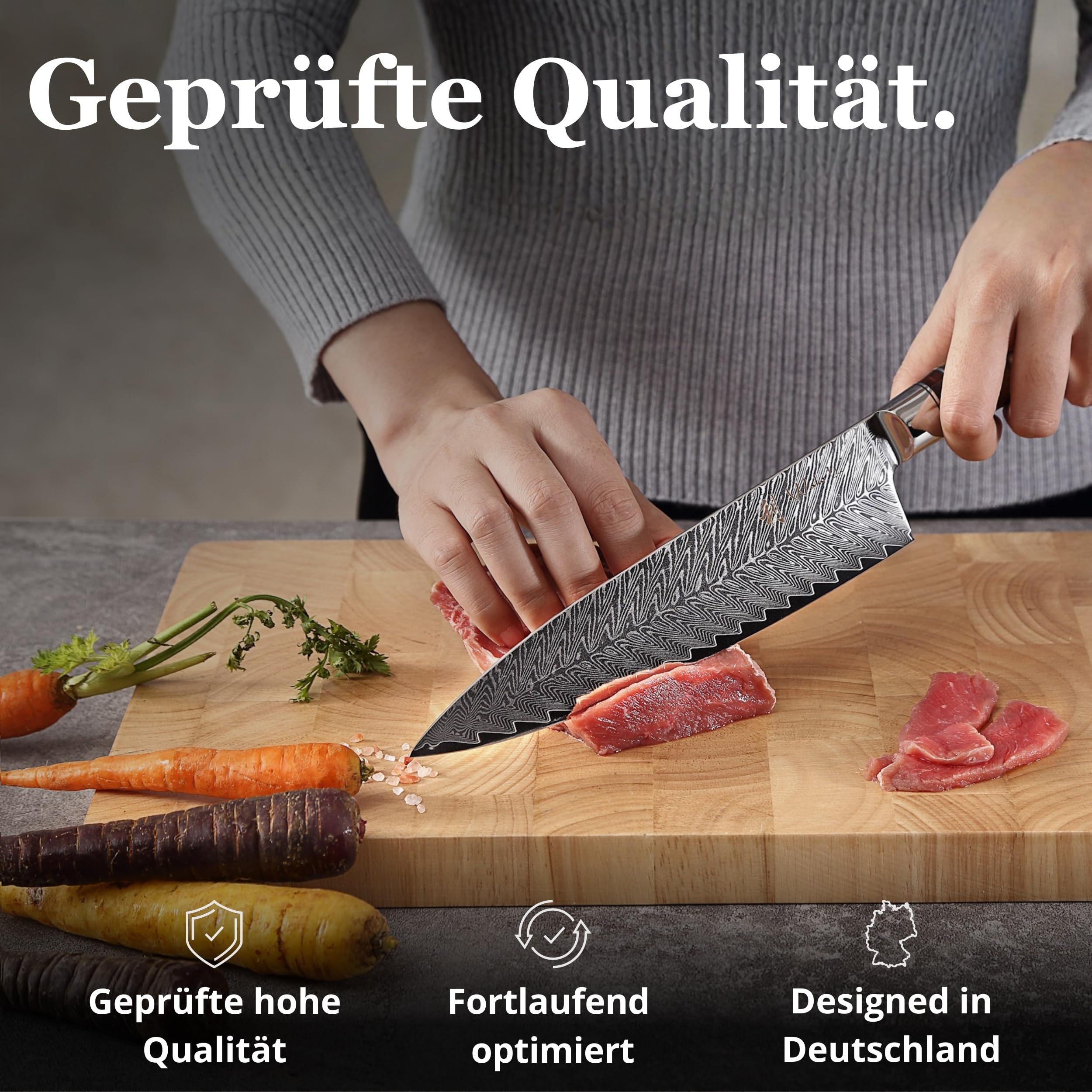 Wakoli Culinary Sycamore Messerblock Set, 5 Messer aus 67 Lagen Damaststahl | Kochmesser, Brotmesser, Santoku, Allzweck- und Officemesser mit VG10 Kern, Berghorngriffen und Magnetblock aus Akazienholz