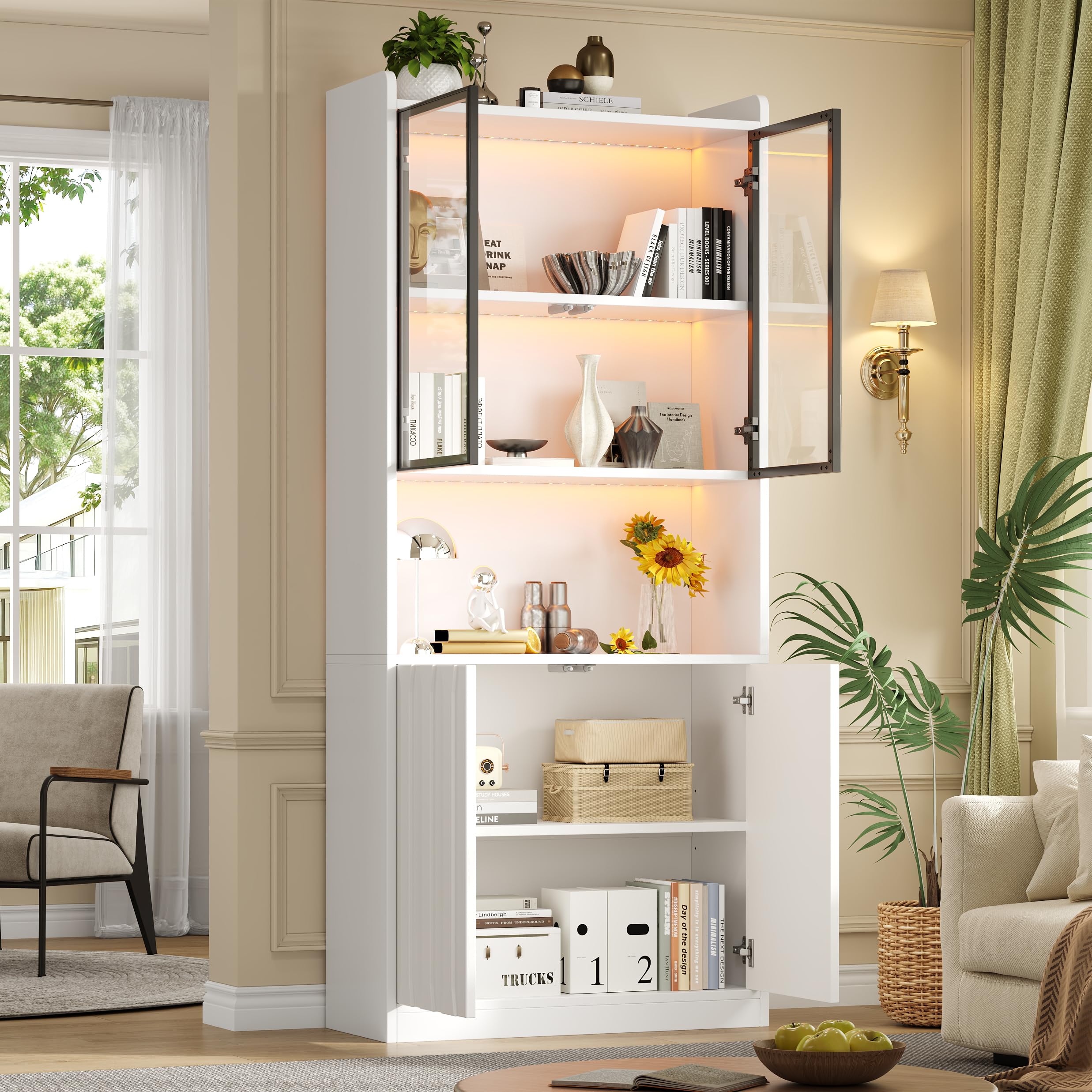 Vitrina LED de 80 x 35 x 200 cm, armario alto con puertas de cristal, armario alto de cristal con LED y partición abierta, armario de salón con puertas de cristal, cocina, estudio, entrada