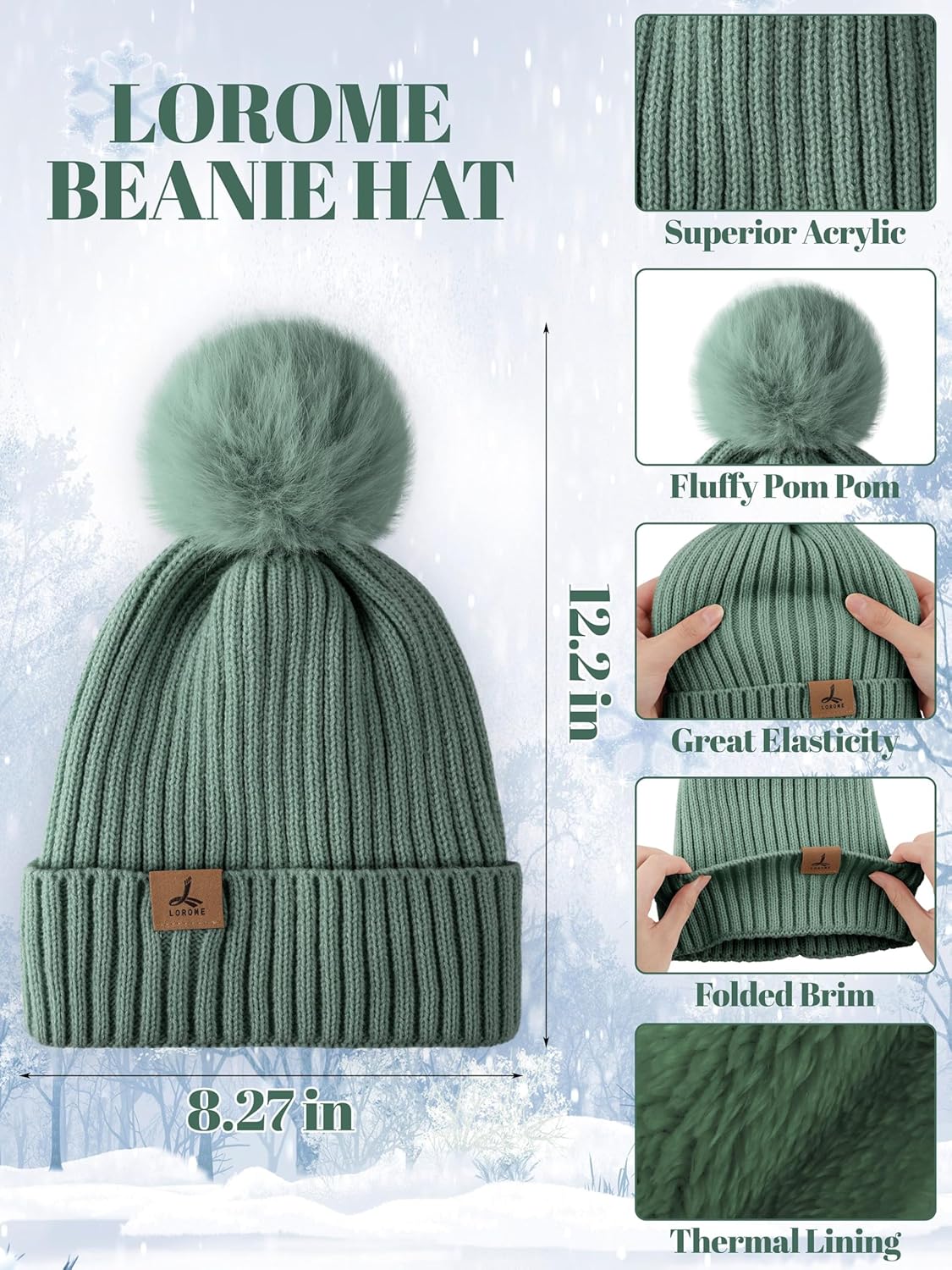 LOROME Women Winter Beanie Hat Scarf Gloves Set, Fleece Knitted Pompom Hat Warm Neck Scarf Touchscreen Gloves Winter Gift - Image 2