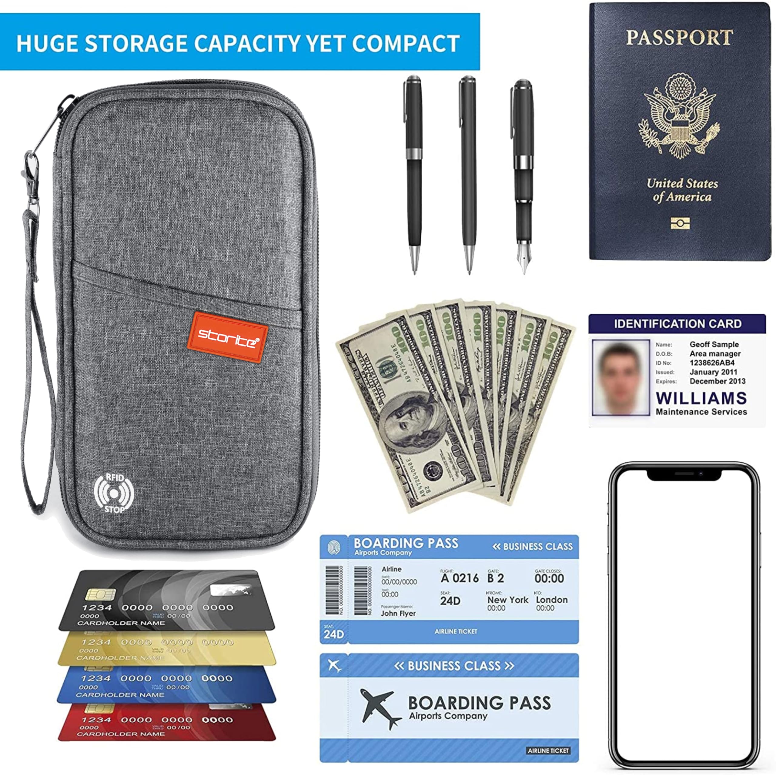 Storite Soporte de nailon para pasaporte para tarjetas de crédito, Gris, 1 Pack-RFID Grey, Casual