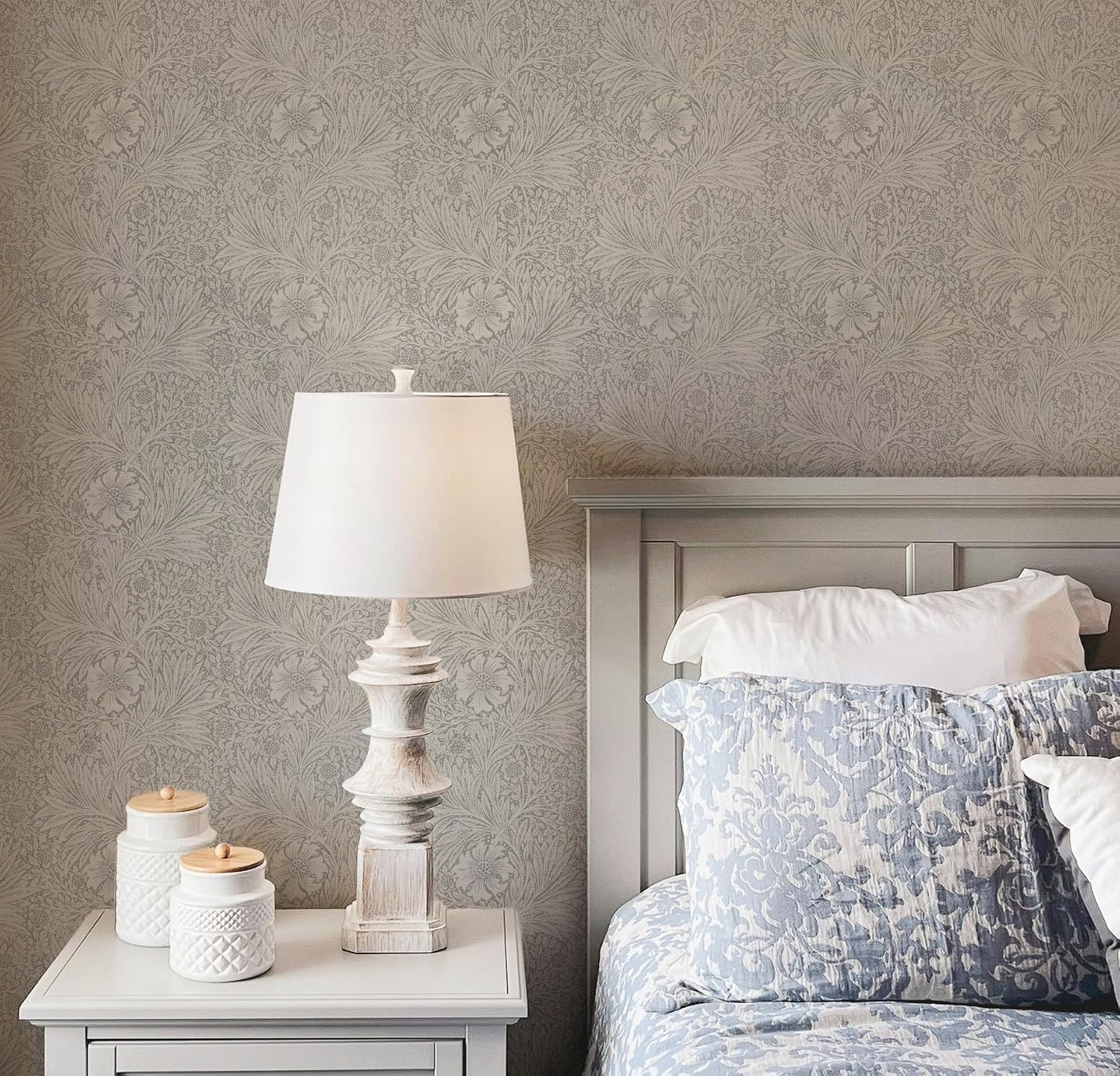 RollsRolla Grey William Morris Peel and Stick Wallpaper with Botanical Marigold Pattern, Fabric Self-Adhesive Wallpaper for Accent Wall, Bedroom, Bathroom, Living Room