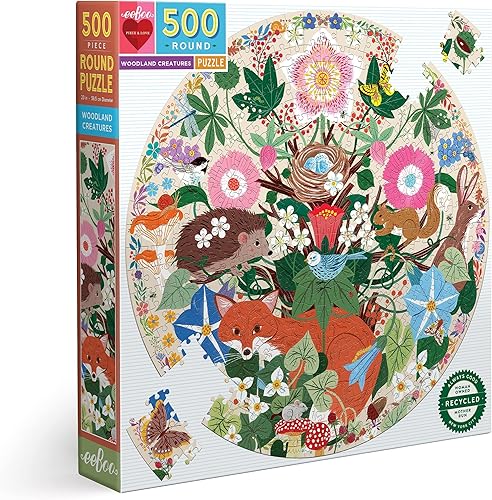 eeBoo Piece and Love Woodland Creatures - Rompecabezas redondo de 500 piezas, incluye un inserto a todo color para referencia, piezas brillantes y