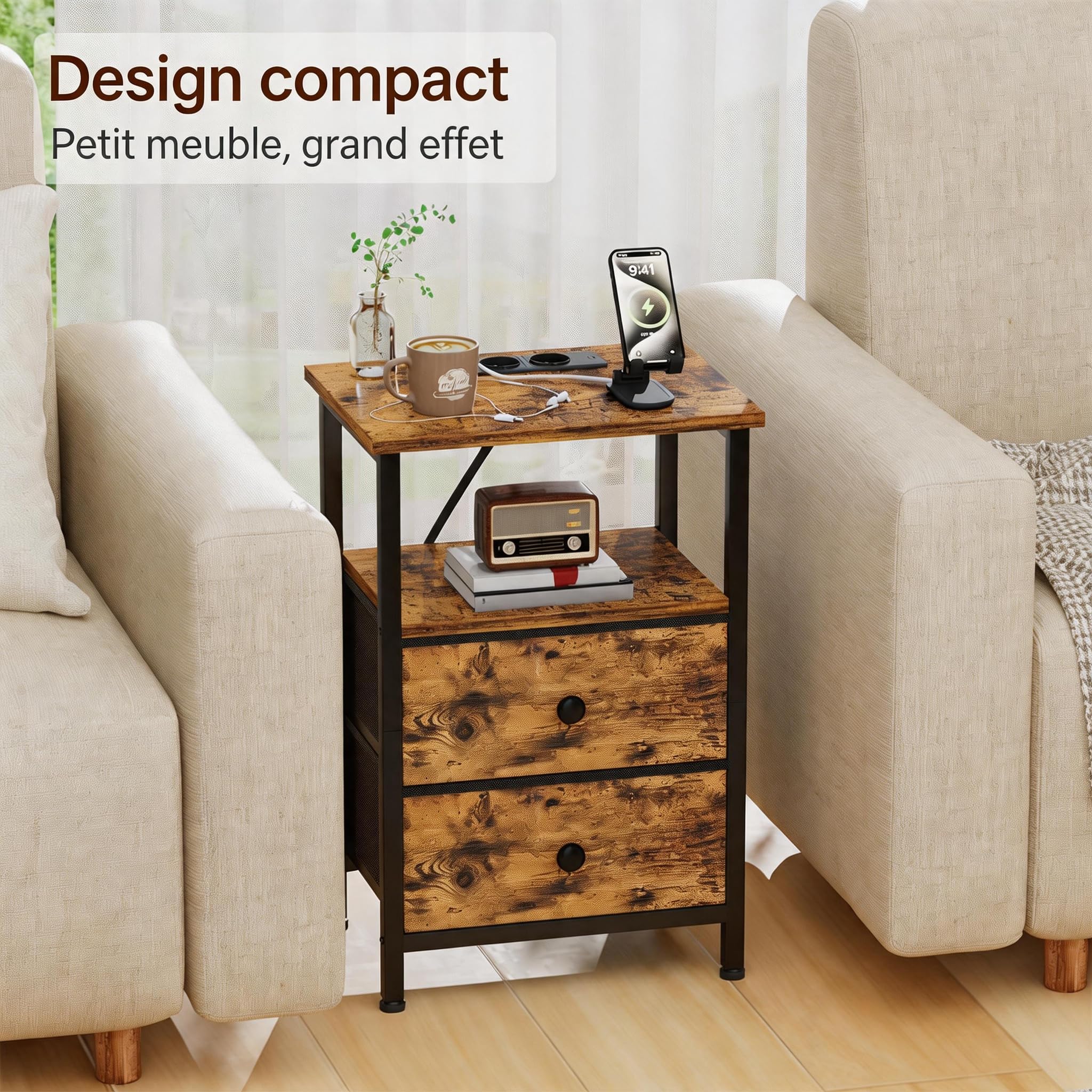 AMHANCIBLE Tables de Chevet avec Prises, Tables de Nuit avec 2 Tiroirs de Rangement en Tissu, Table d’Appoint Industrielle avec Prises USB pour Chambre à Coucher, Salon, Marron HETS020BR-1