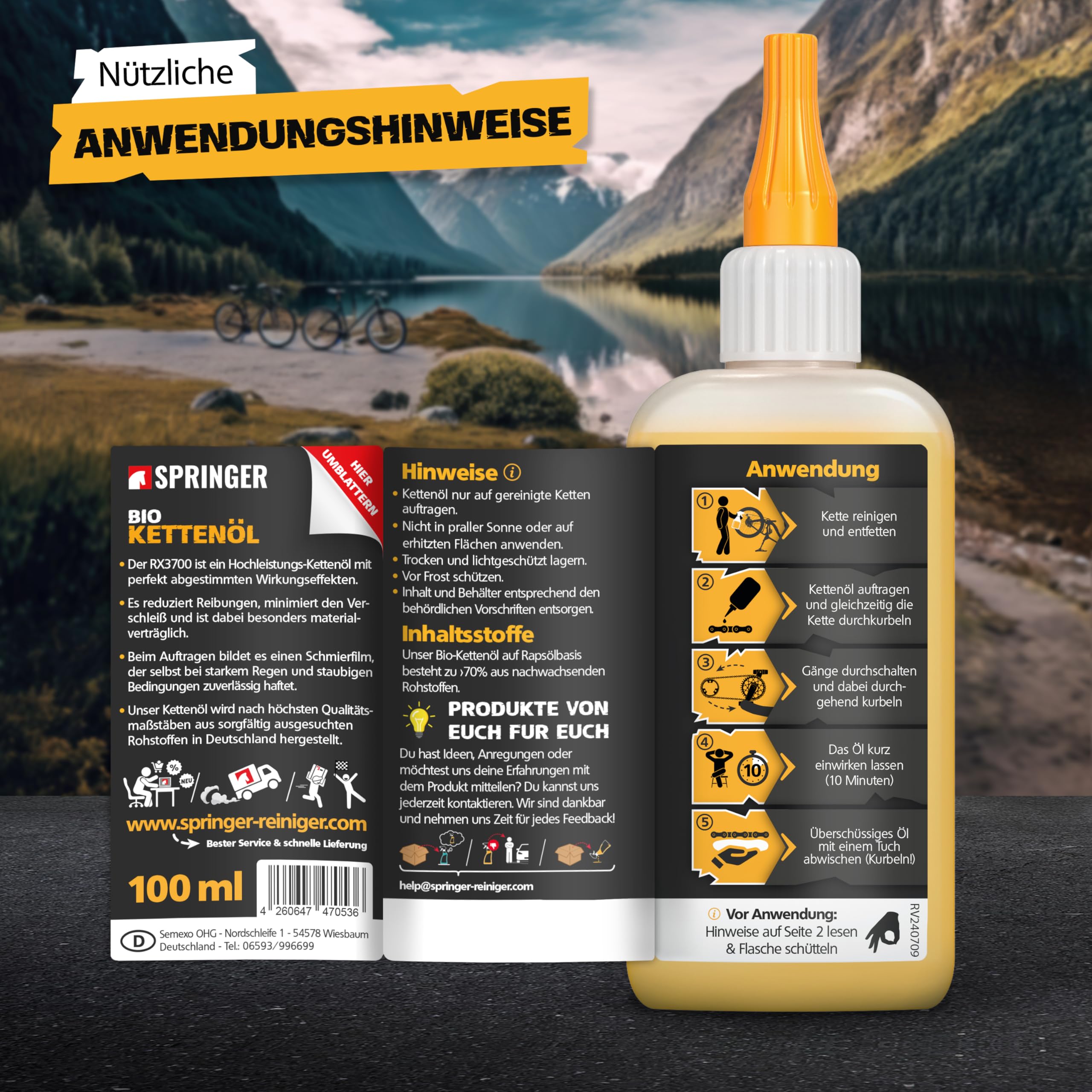 SPRINGER RX3700 – ekologiczny olej do łańcuchów 50 ml – Made in Germany – ochrona przed korozją i zużyciem – – – odporny na warunki atmosferyczne – smar do łańcuchów np. do rowerów elektrycznych i MTB