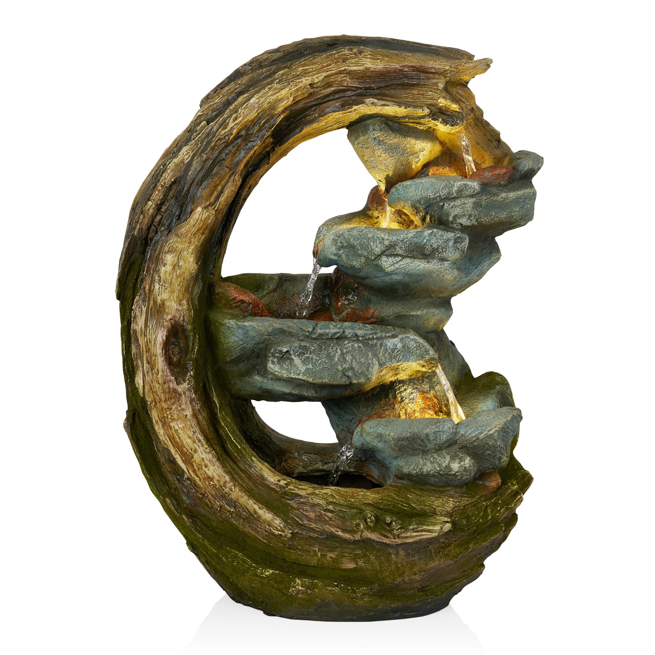 Alpine Corporation WIN1554S Outdoor Curved Trunk and Stone Floor Fountain with Warm White LED Lights, Tiered Garden Decor, 24" H, Brown