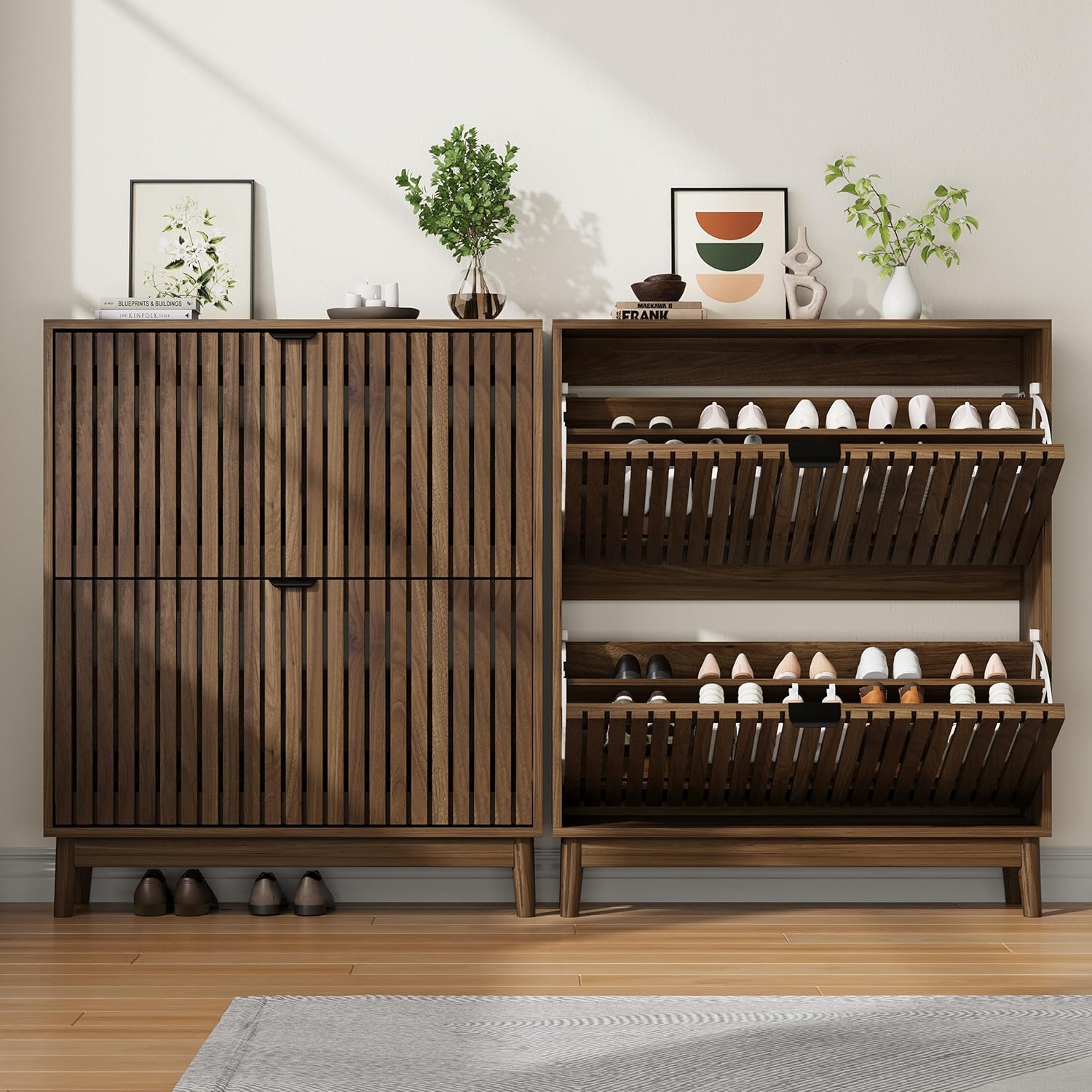 2 Flip Drawer Shoe Storage Cabinet, Wooden Shoe Organizer with Ventilated Slatted Doors for Entryway, Hallway, Living Room