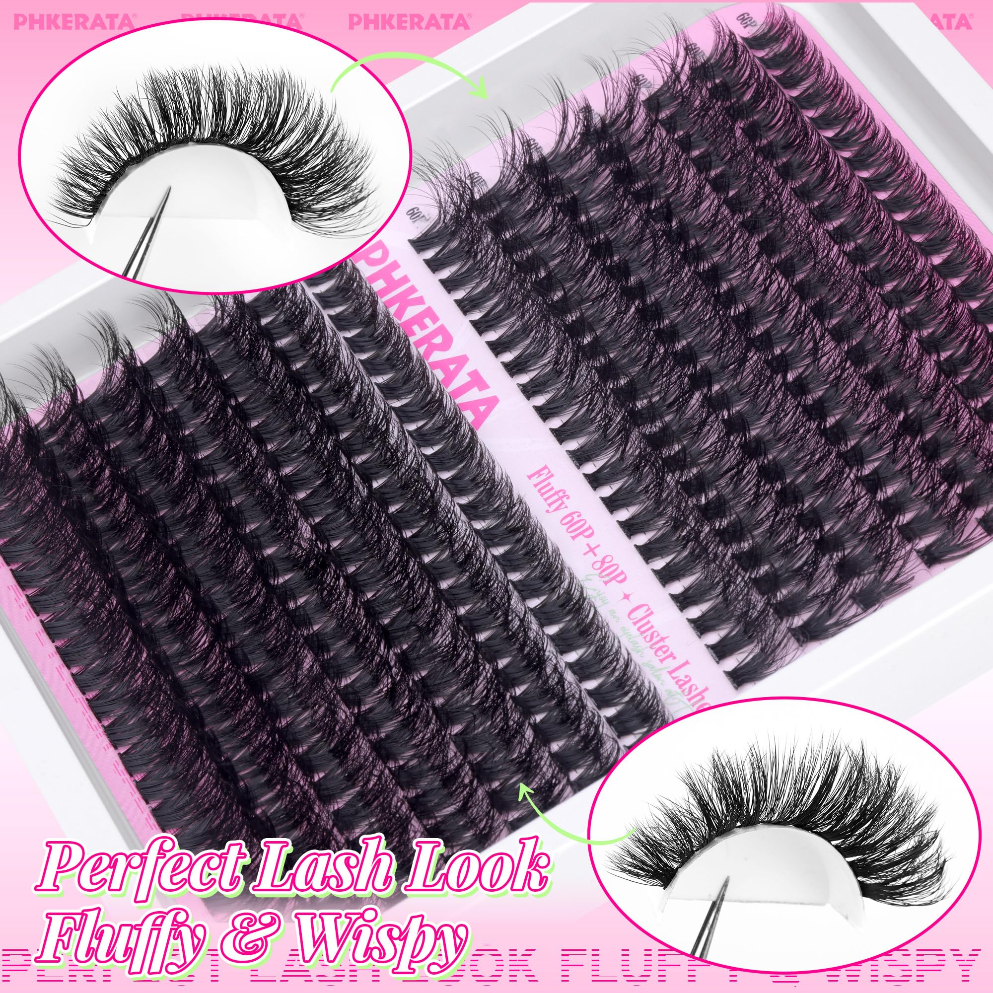 PHKERATA Flauschige Cluster-Wimpern, 60P+80P, D-Curl, Russische Wimpern, Dickes Volumen, Wimpernverlängerung (10-18 mm Mix, Schwarz)