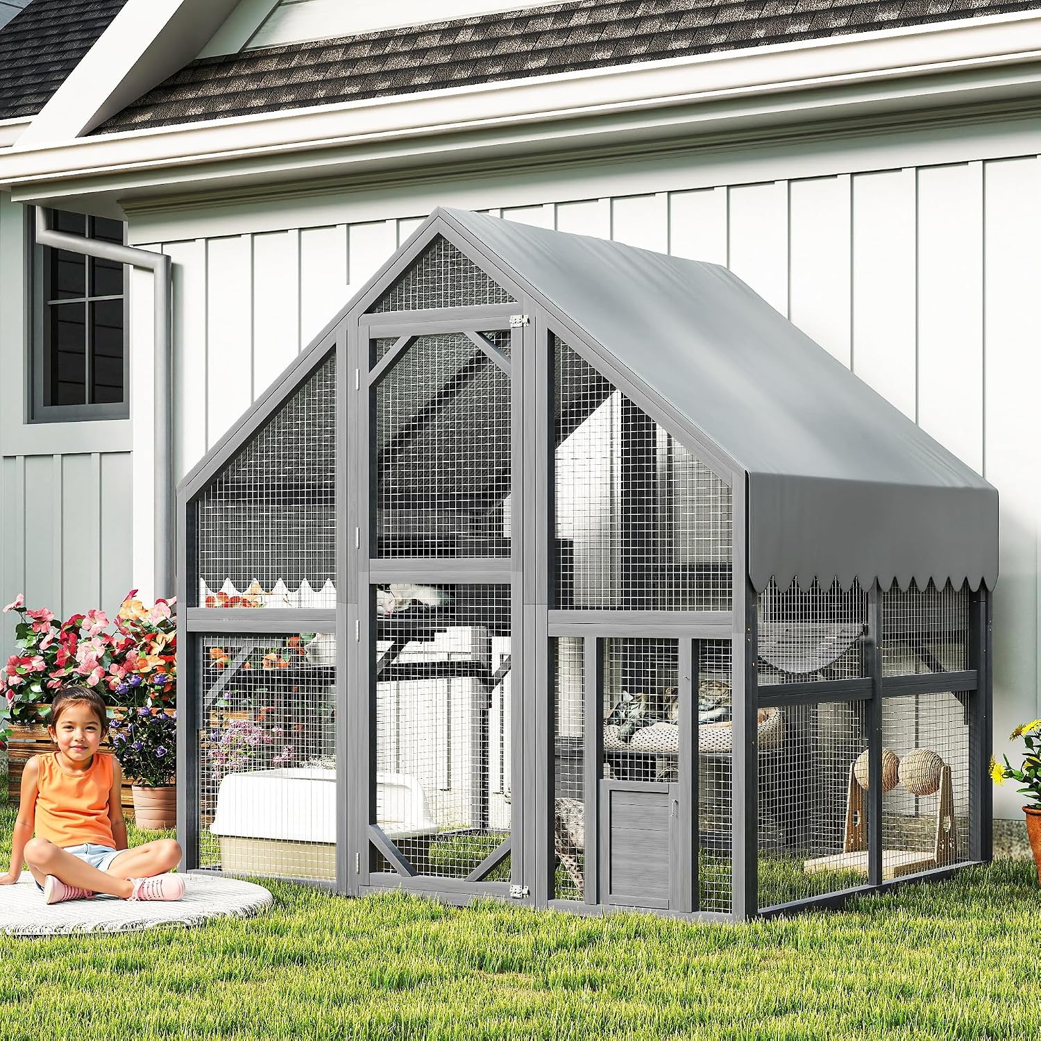 55.12'' Outdoor Cat Enclosure with Waterproof Canopy & 2 Platforms, Large Wooden Catio with Resting Boxes & Steel Mesh for Backyard Patio, Gray, Gray