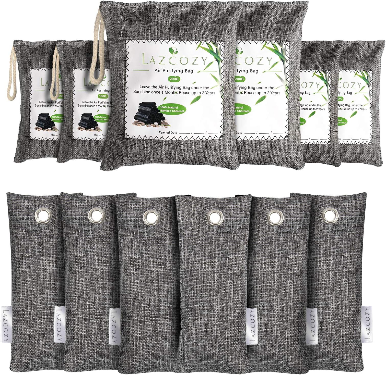 Bamboo Charcoal Air Purifying Bag 12 Pack, LAZCOZY Activated Charcoal Bags Odor Absorber, Closet Air Fresheners, Shoes Deodorizer, Odor Eliminators for Home, Car,Pet, Closet (2*200g, 4*100g, 6*50g)