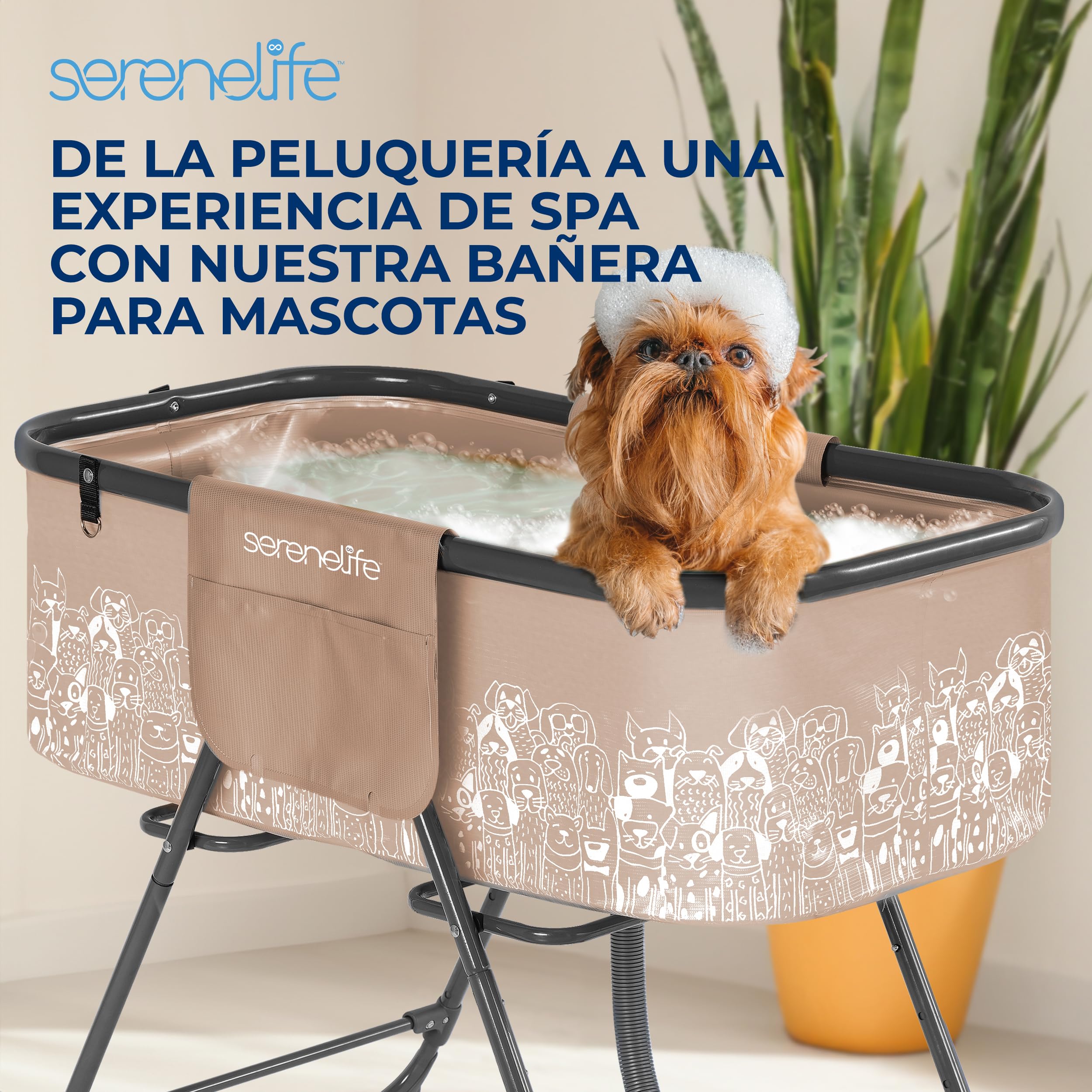SereneLife bañera para Perros, Plegable, Altura Ajustable, con Manguera de Drenaje y Bolsillos de Almacenamiento, para Uso en Interiores y Exteriores