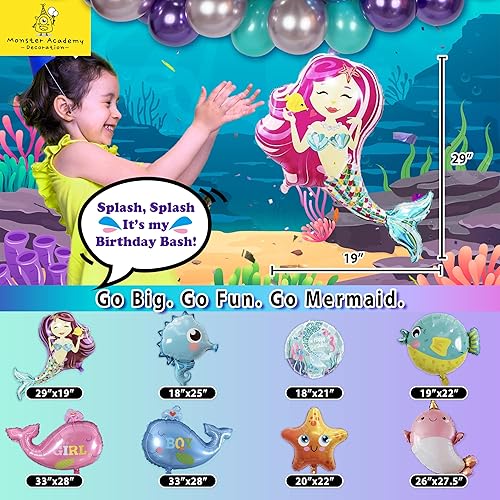 Miniatura 3 de Decoración de fiesta de cumpleaños de sirena para niñas, fiesta temática del mundo marino, globos de cumpleaños de sirenita. 9 enormes globos de