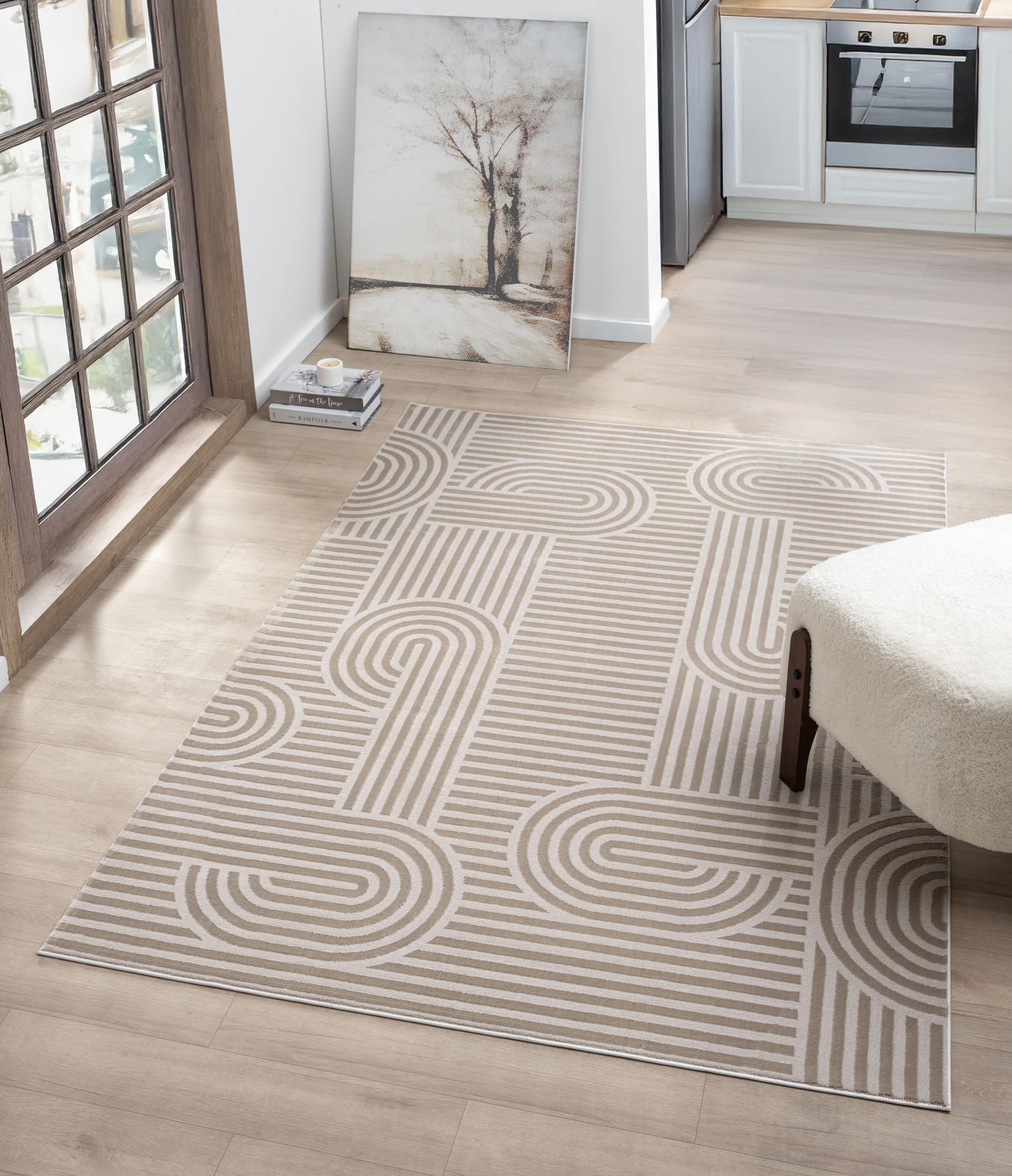 RUGGERRUGS Annabel Modern Geometric Area Rug for Living Room, 4x6 Contemporary Arched Linear Beige Neutral Rug, Stain Resistant Non-Shedding Carpet