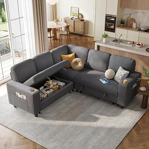 Miniatura 20 de LINSY HOME - Sofá cama extraíble modular con sección para dormir, con almacenamiento, sofá seccional de pana mullida para sala de estar, sofá cama