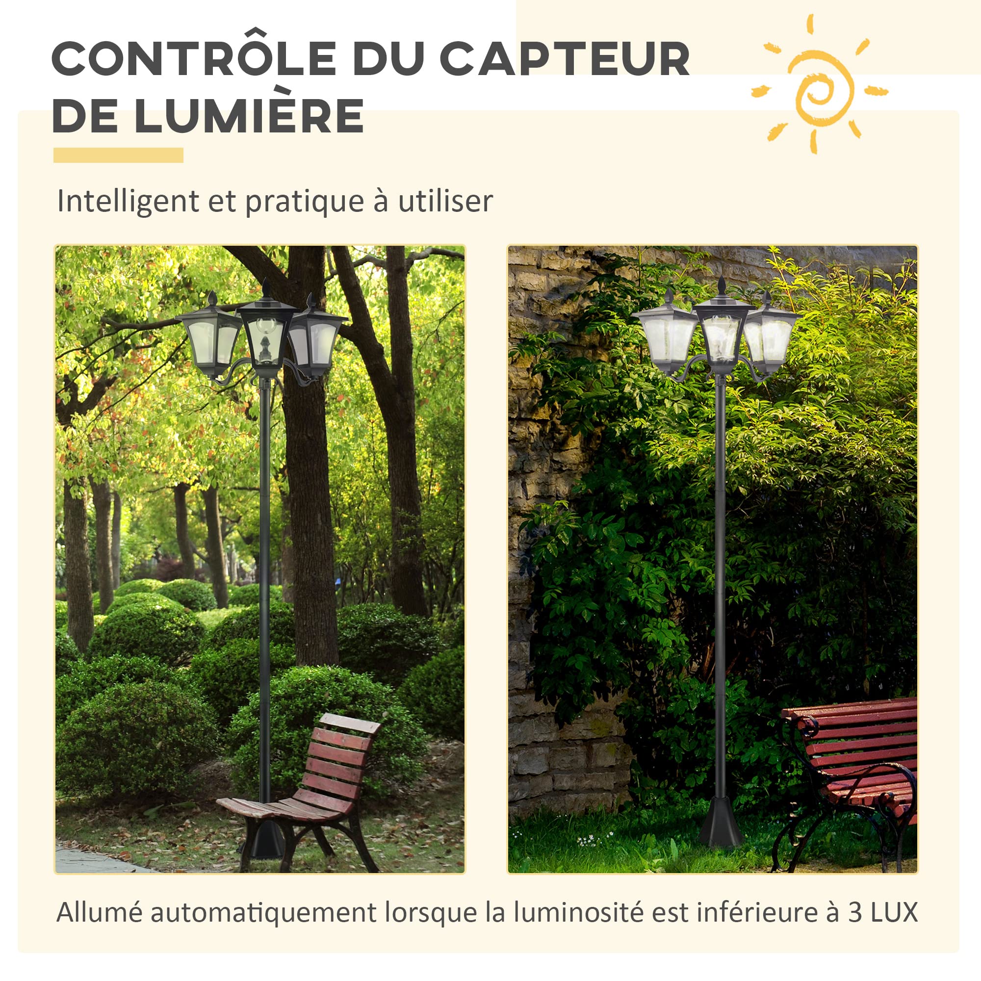 Outsunny Lampadaire de Jardin Extérieur à LED Solaire avec Capteurs H182 cm