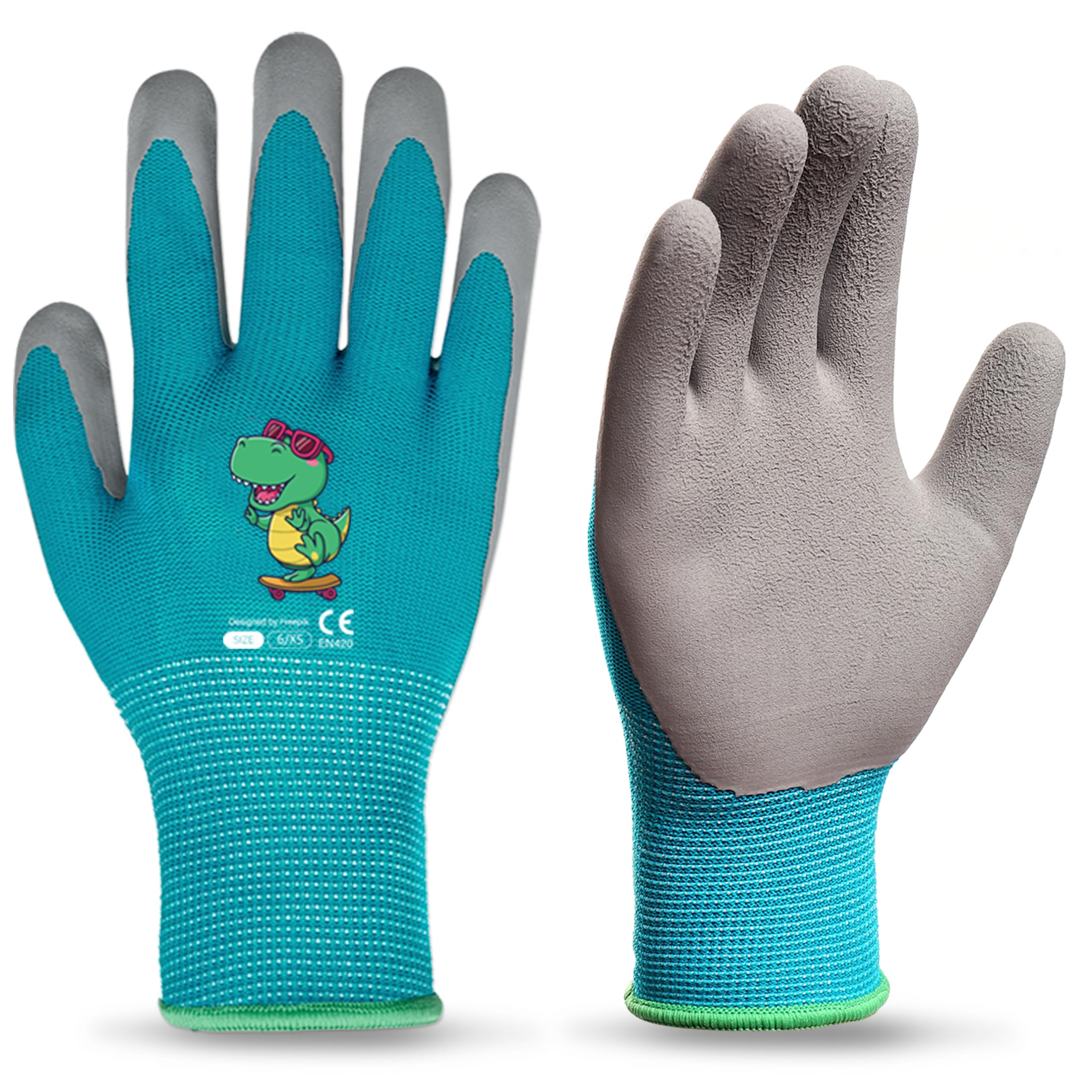 Ages 5-7 Kids Gardening Gloves,Yard Work Gloves for Toddlers, Youth, Girls, Boys, Childrens, Soft Safety Rubber Gloves (XXS Age 5-7, 1 Pair Blue Dinosaur)