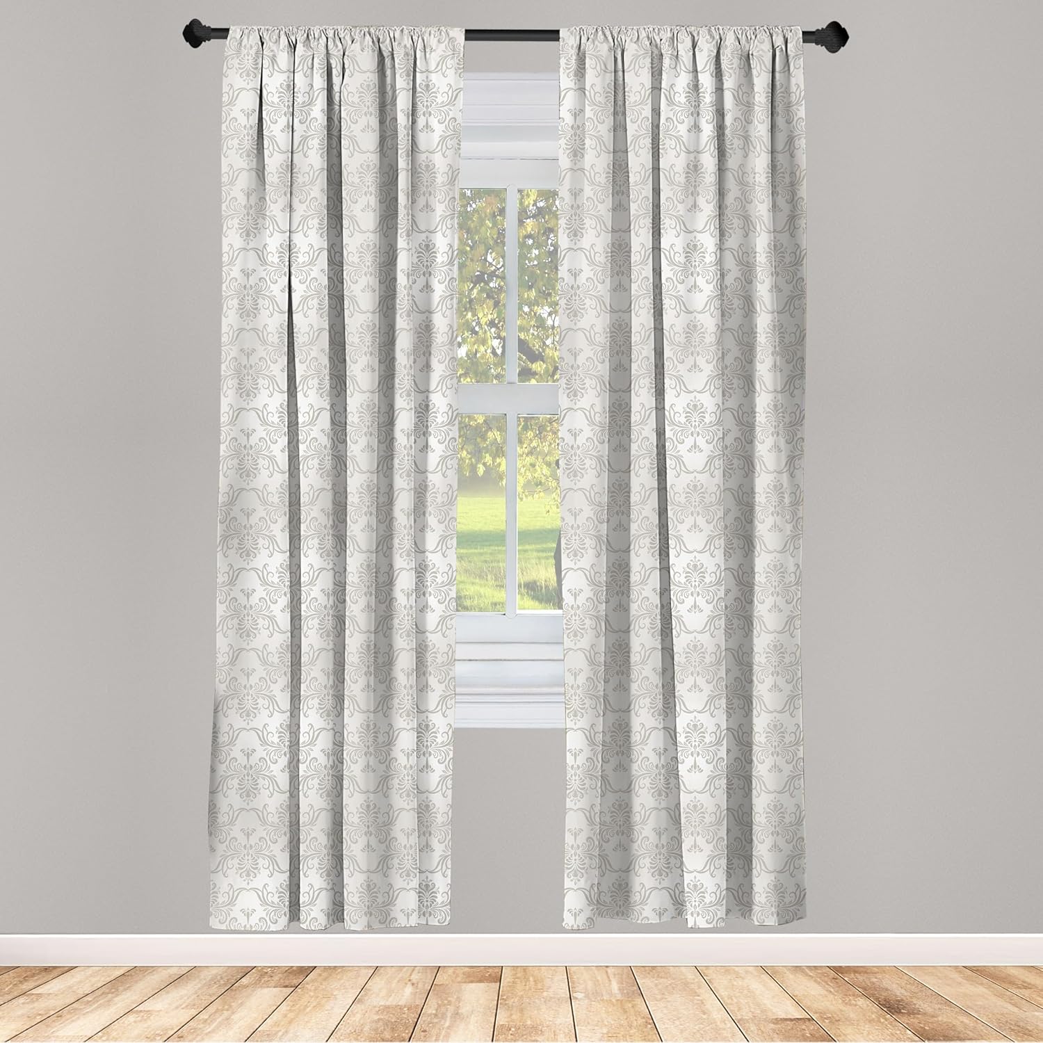 Ambesonne Grey Window Curtains, Vintage Rococo Motifs Inspired by Antique Damask Style Victorian Garden Revival Art, Lightweight Decor 2-Panel Set with Rod Pocket, Pair of - 28" x 95", Grey