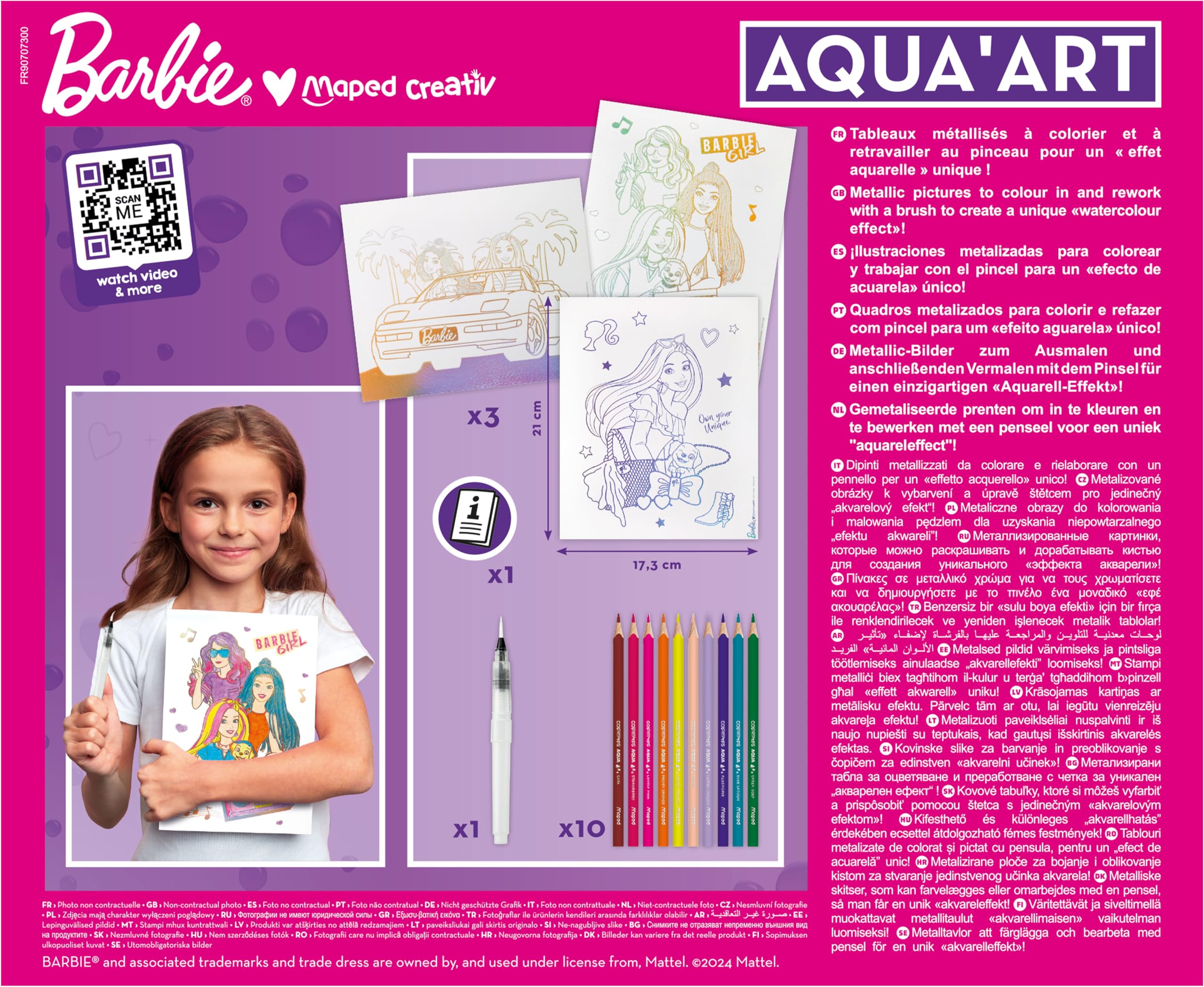 Maped Creativ - Aqua'Art Barbie - Aktywność akwarelowa dla dzieci - Farbowanie ołówkami akwarelowymi + pędzelek do wody na metalicznych wspornikach - 3 plakaty do kolorowania - od 7 lat
