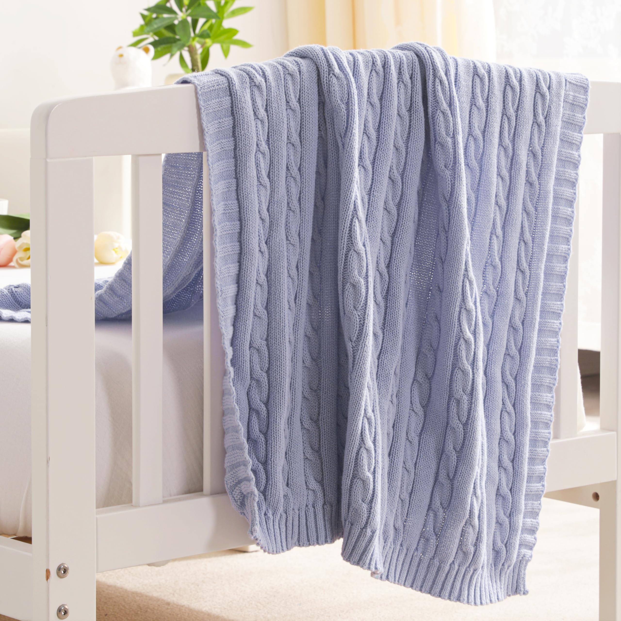 100% Pure Cotton Cable Knit Toddler Blanket, Super Soft Warm Breathable 30x40 Baby Blanket for Crib, Stroller, Nursery, Travel, Newborn, 30x40 Inches, Light Purple