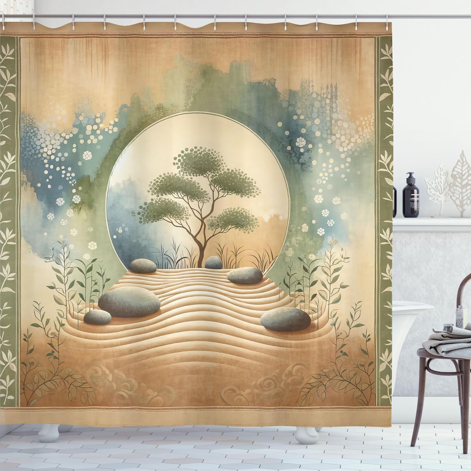 Ambesonne Peacefulness Shower Curtain, Japanese Garden Inspired Stones Waving Sand Tree Soft Watercolor, Cloth Fabric Bathroom Decor Set with Hooks, 69" W x 70" L, Camel Reseda Green Blue