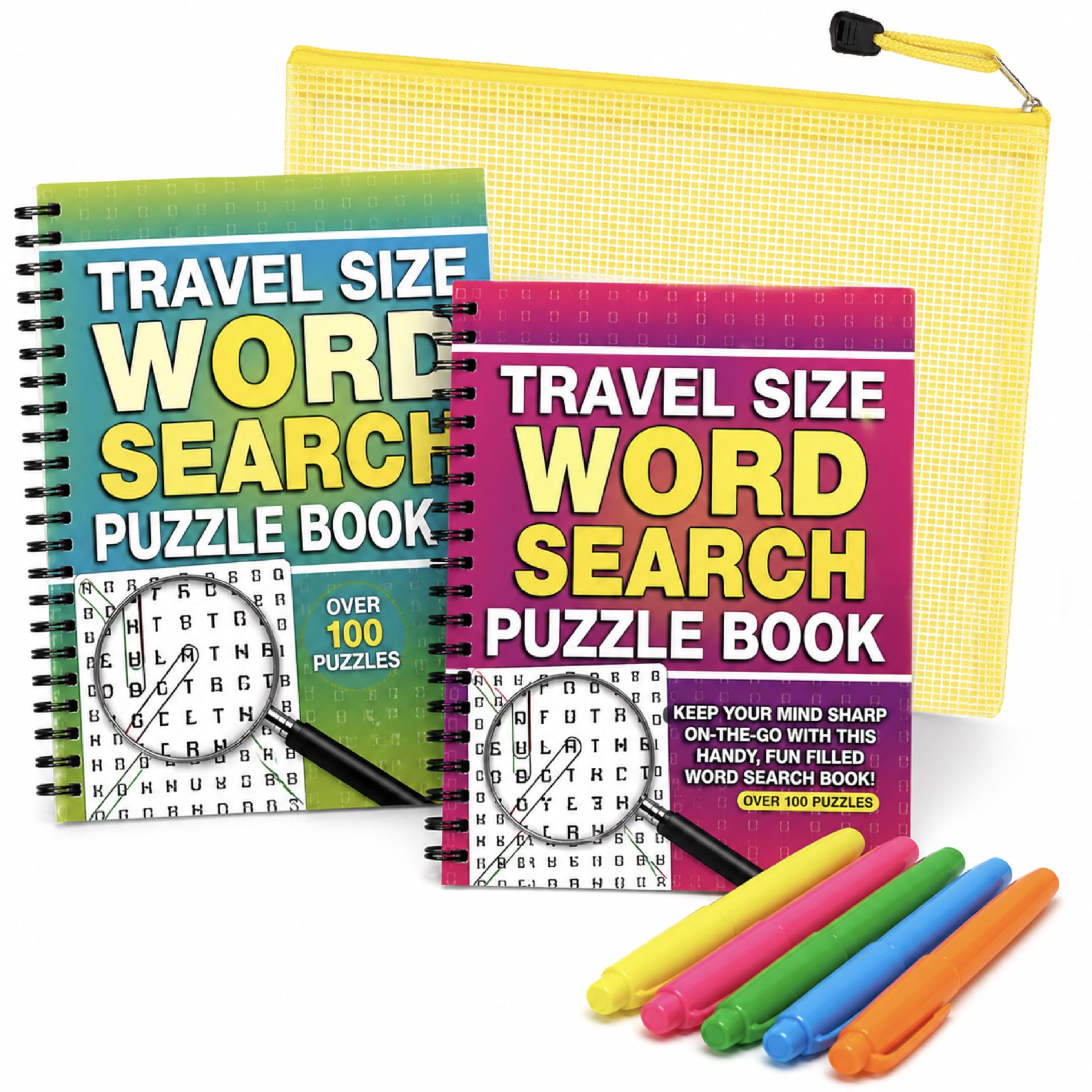 Word Search Books for Adults, Travel Size Puzzle Books A5 Spiral-Bound with Highlighters and Zipper Pouch, More Than 200 Puzzles for Brain Training, Relaxation and Quiet Fun (Green & Magenta)