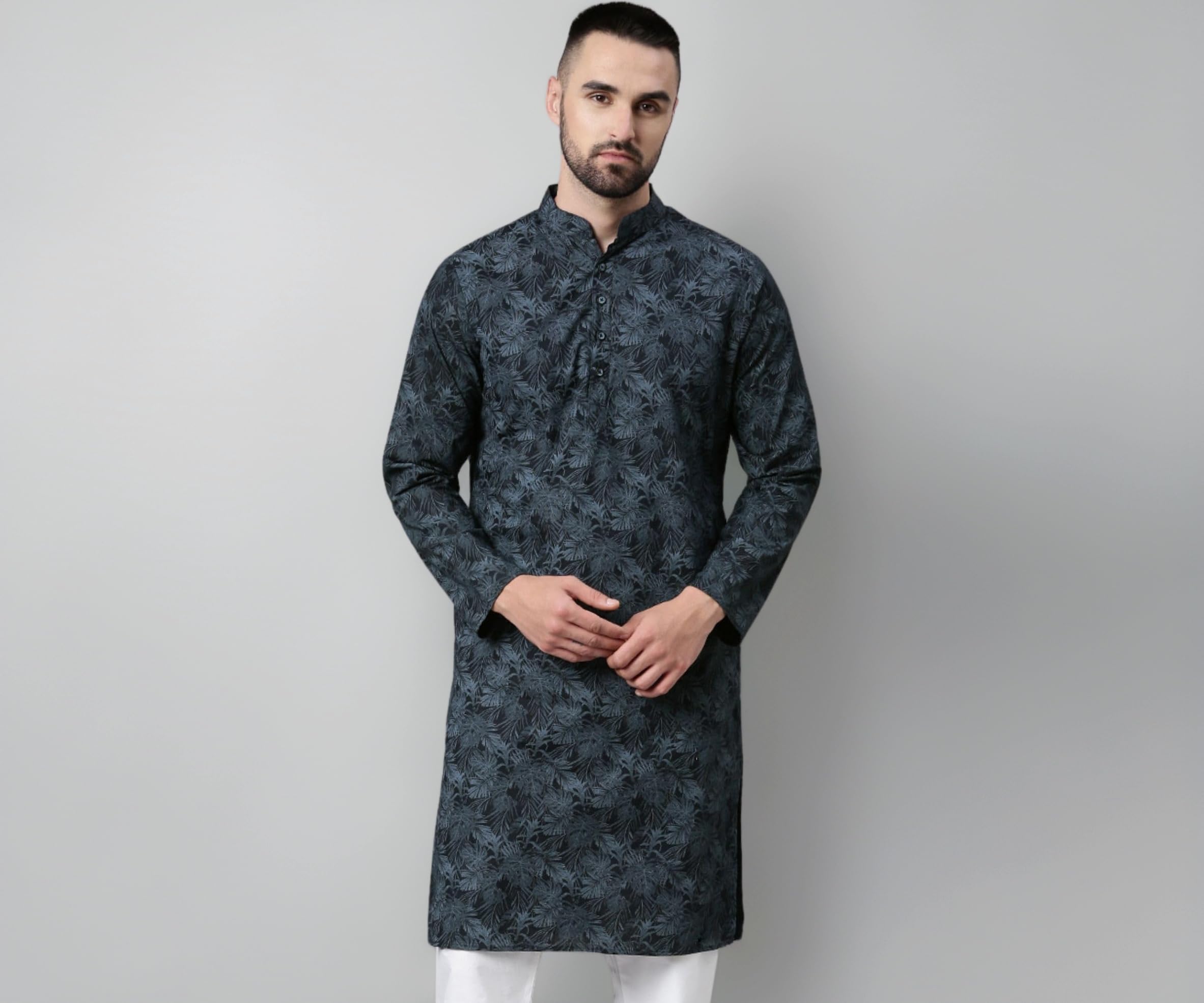 Majestic Man Men's Cotton Regular Fit Casual Mandarin Collar Ethnic Motifs Printed Long Regular Kurta