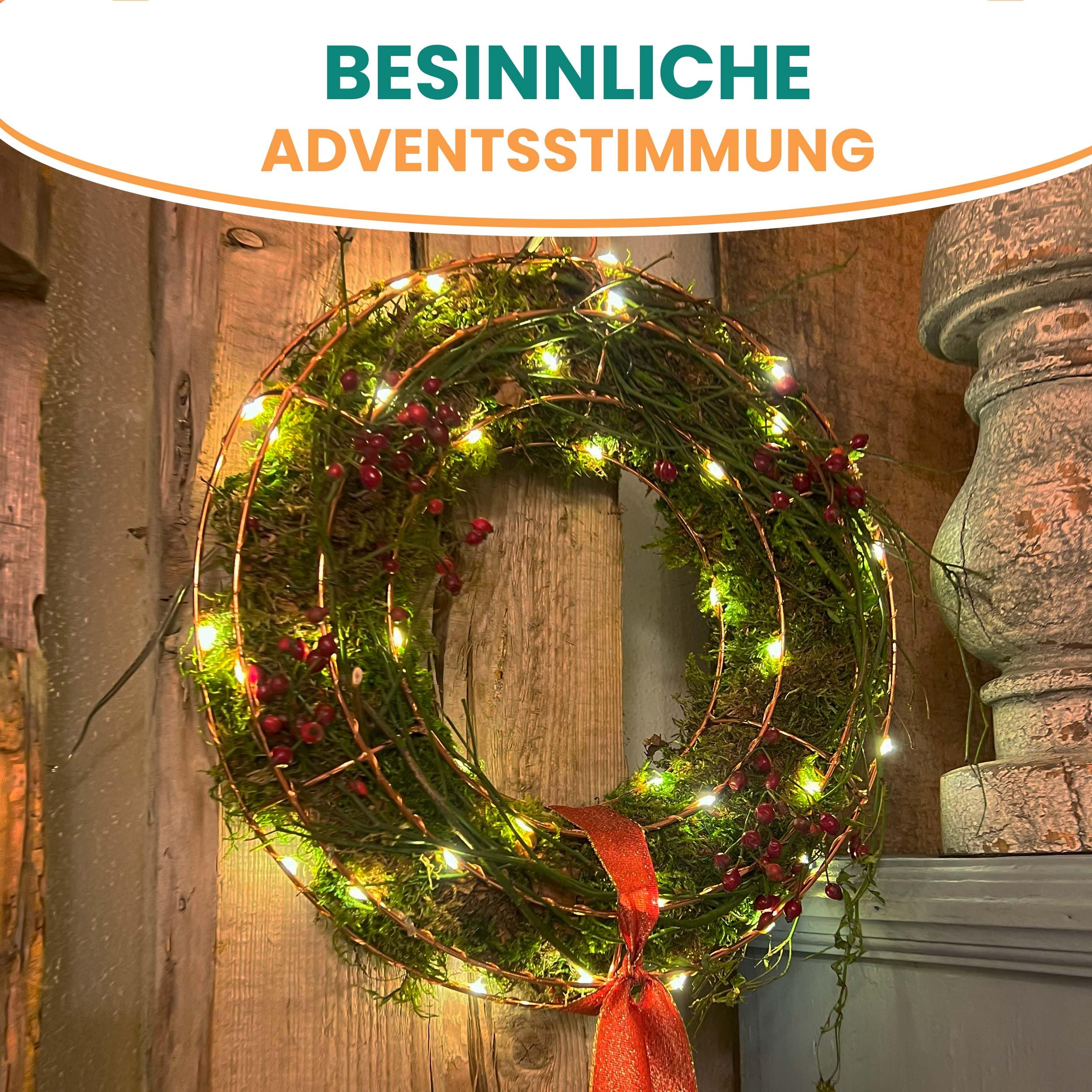 Gartenpirat Kranz 70 cm aus Kupferdraht Lichterkette 1920 LED warmweiß mit Timer-Funktion Weihnachtsdeko Türkranz Wanddeko für innen und außen