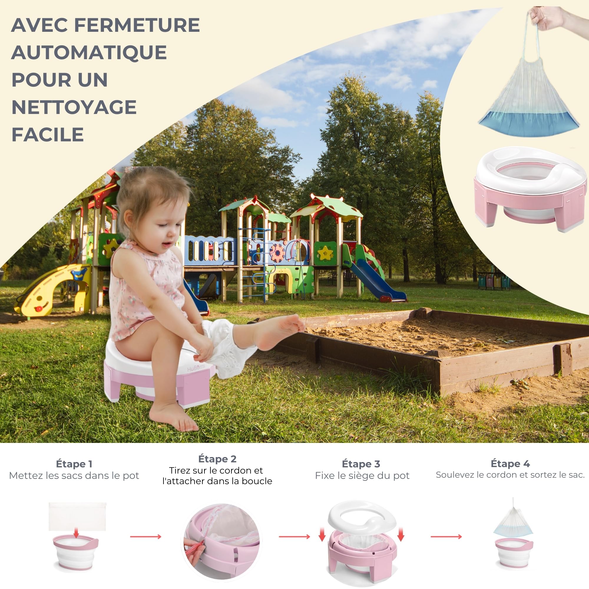 HuBorns - Pot Pliable Enfant Voyage Facile à Transporter avec 10 Sacs Inclus, Pot Portable Enfant Voyage Confortable et Sûr, Reducteur Toilette Enfant pour l'Apprentissage Facile de la Propreté