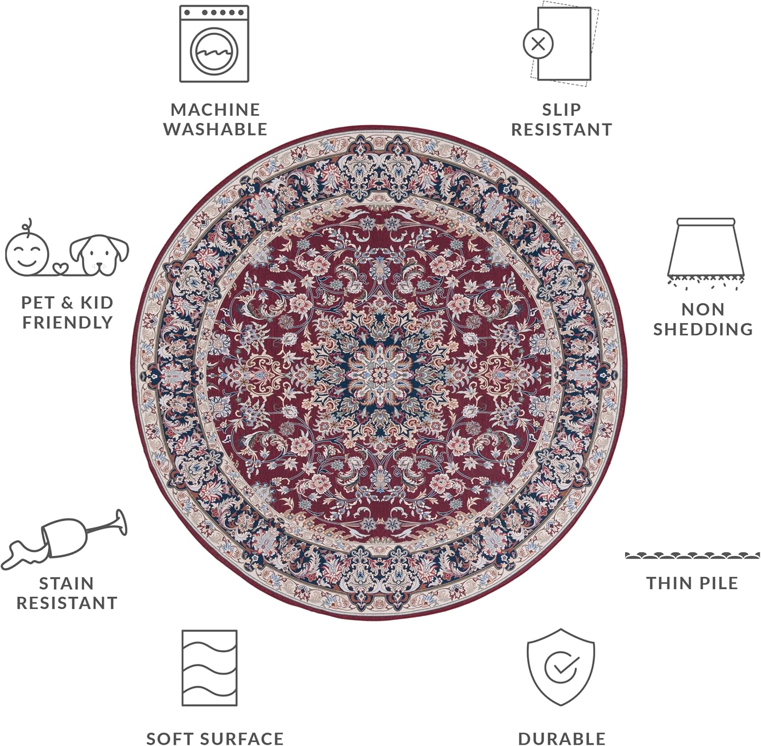 SAFAVIEH Washable Rug Tucson Collection - 6' Round, Red & Navy, Slip Resistant & Easy to Clean, Ideal for Living Room, Bedroom, Dining Space (TSN135Q)