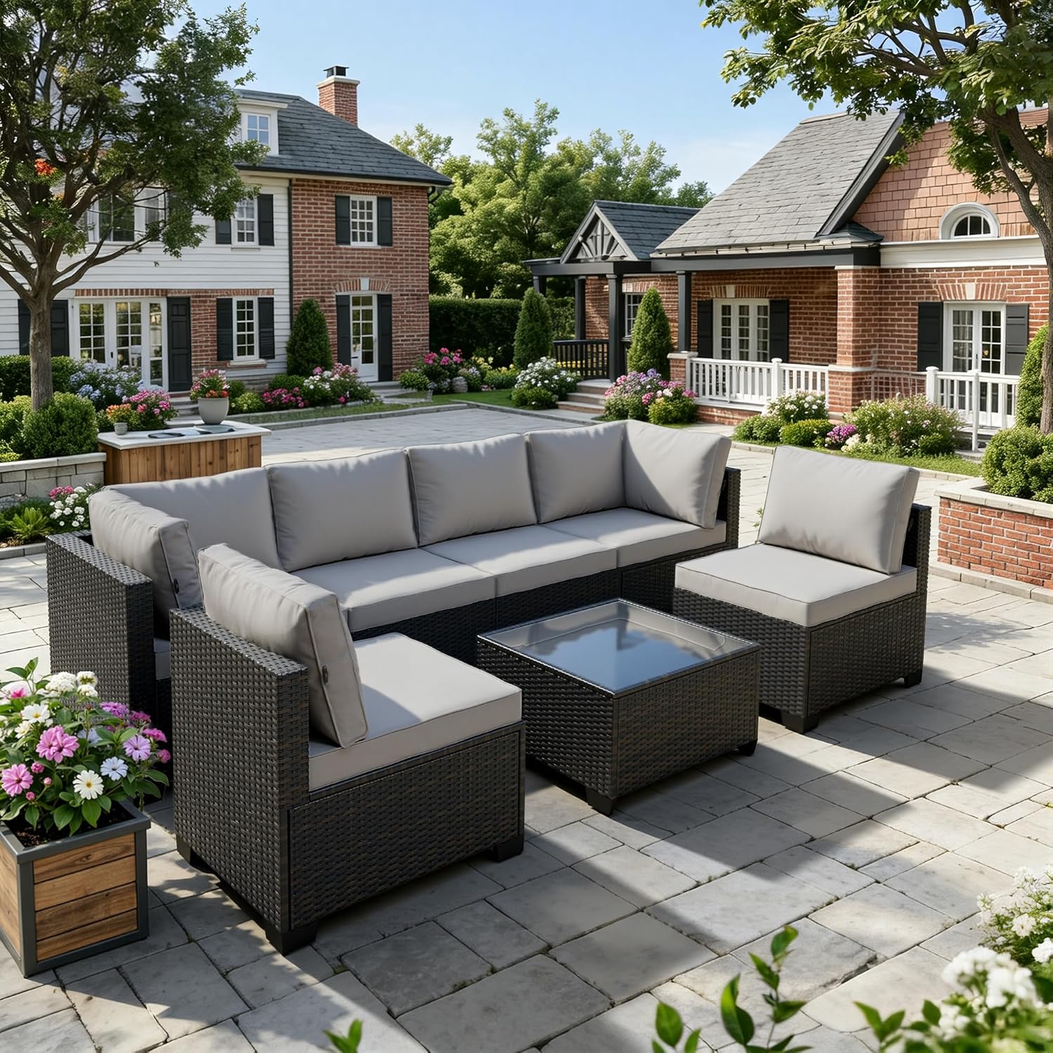 WWR Patio Furniture Set 7 Piece - All-Weather - Wicker Rattan Patio Outdoor Conversation Set, Modular Sectional Sofa for Backyard, Garden, Poolside, Balcony, Porch, Patio,Black/Dark Gray
