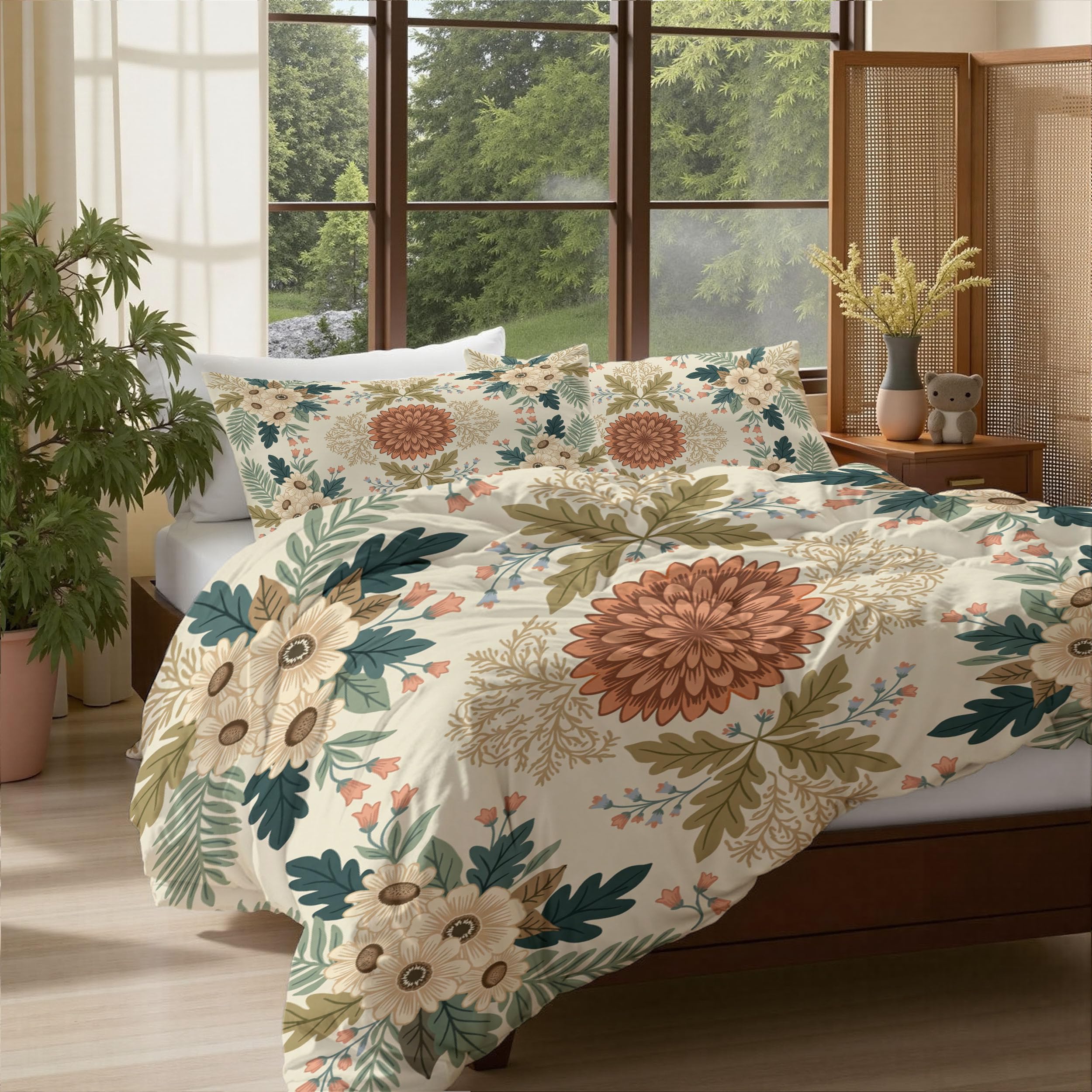 Funda Nórdica Cama 105 Crema,Juego de Cama de Impresión Delicado Estampado Floral Flores y Ramas Microfibra Suave Transpirable,Funda Edredón 200×200CM para Niños Niñas