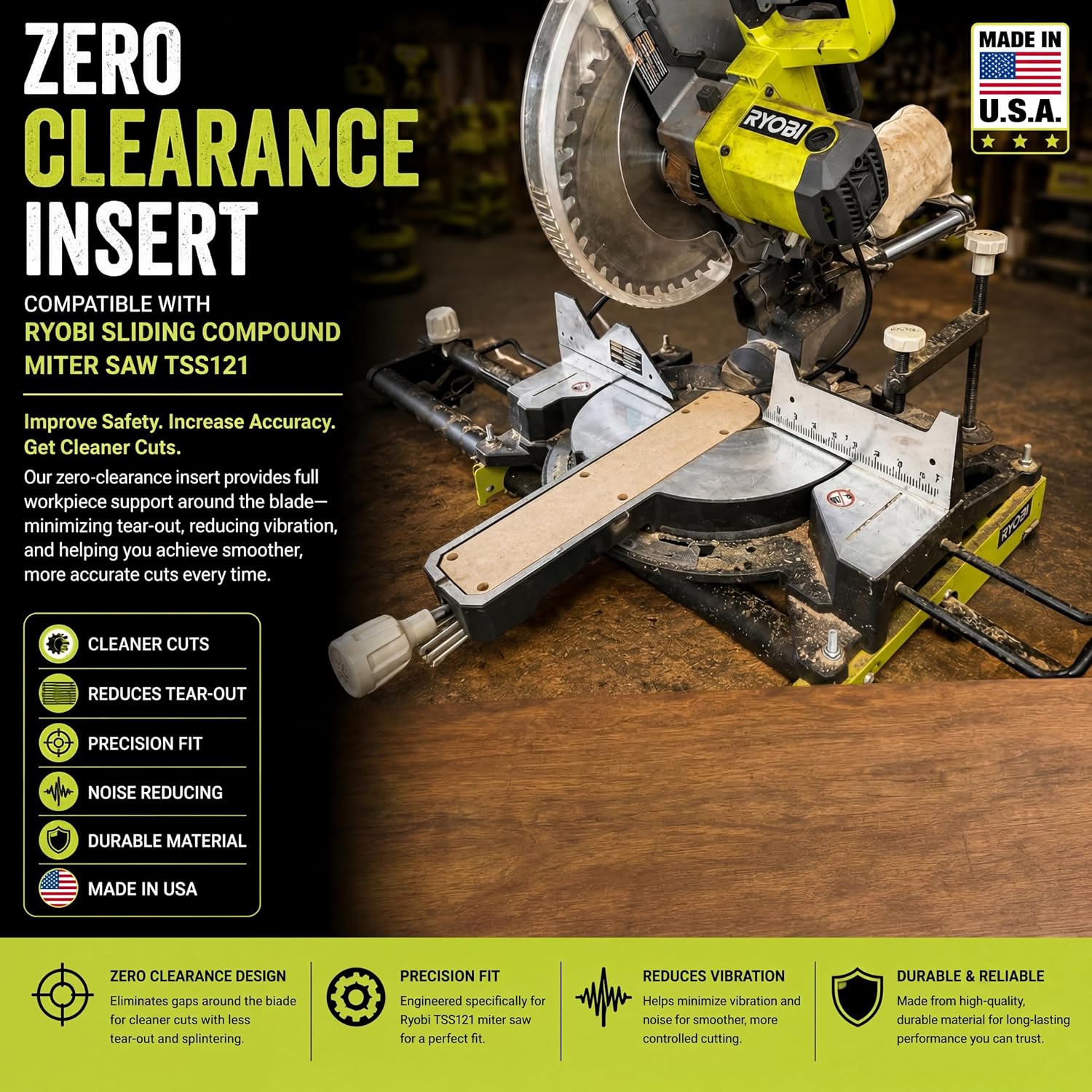 Zero Clearance Insert | Compatible with Ryobi Sliding Compound Miter Saw TSS121 | Durable, Noise Reducing & Safe | Miter Saw Accessories | Made In Usa
