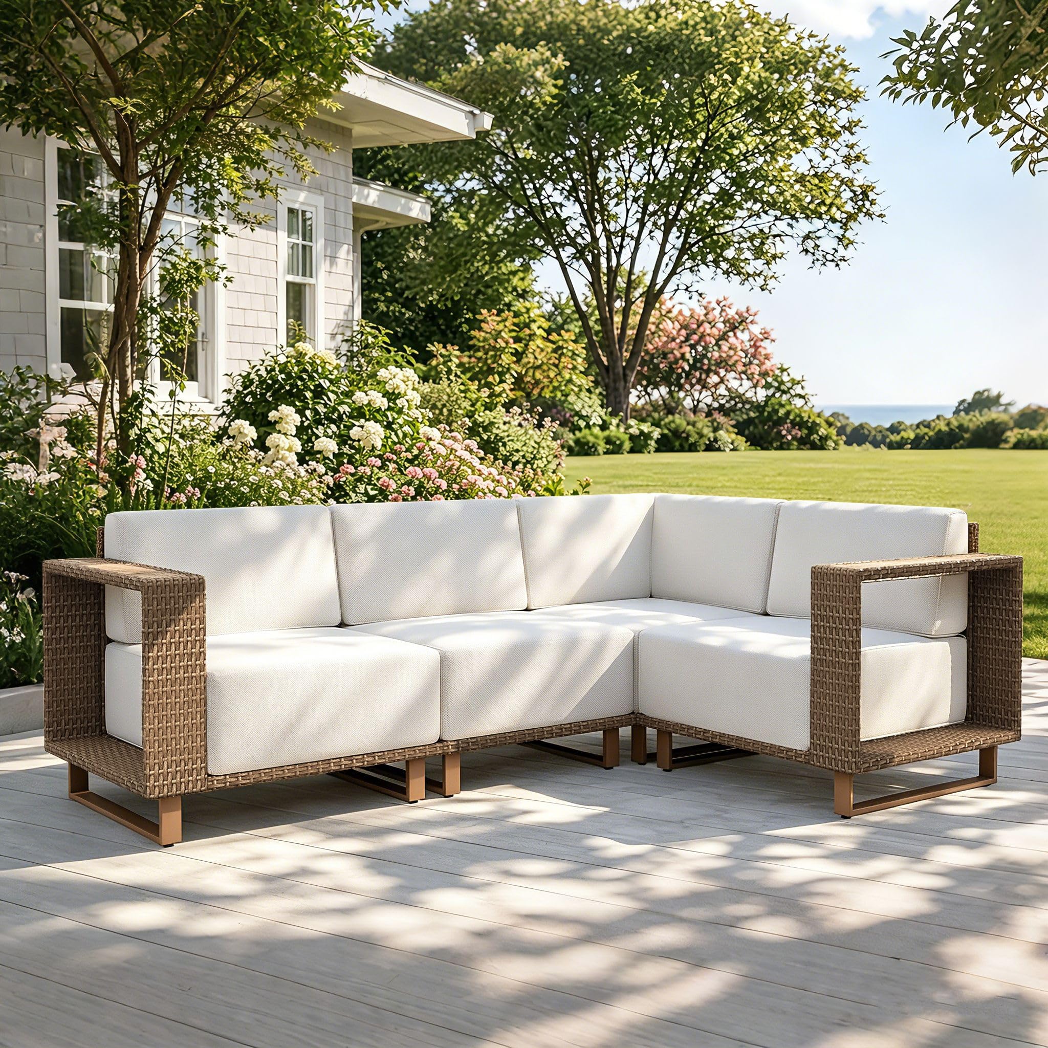 MIXPATIO Patio Sectional Furniture Set, 4 Piece Outdoor Yellow Rattan Modular Sofa Couch Set, Deep Seating Conversation Set with 10" Extra Thick Cushions, Low Profile Deck Backyard Lawn Furniture