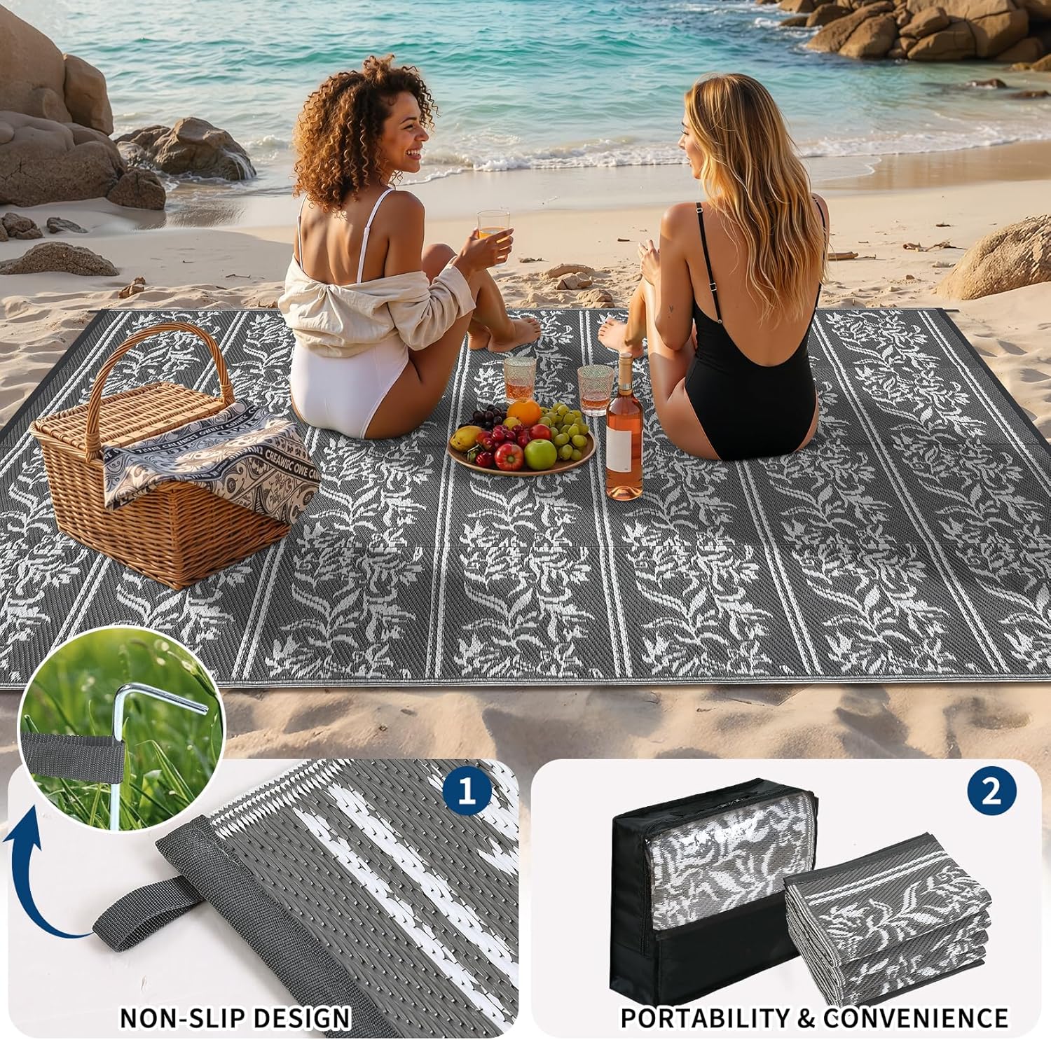 Garvee Outdoor Rugs 9x12 Waterproof Reversible Mat Boho Leaf Patio Rug with 4 Stakes and Starage Bag, Large Outdoor RV Mat Rugs for Camping, Picnic, Balcony, Deck, Backyard, Grey & White