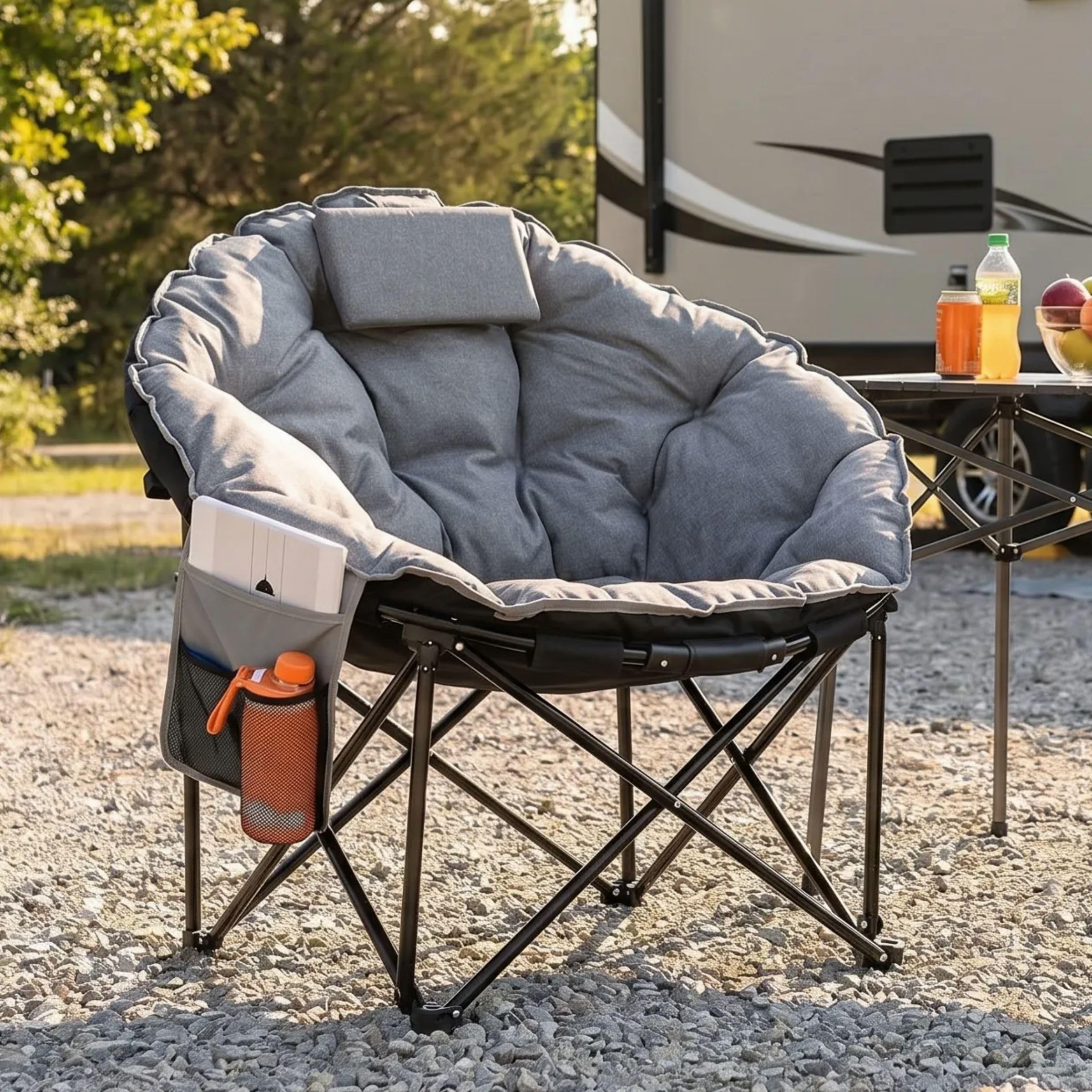 LIFERUN Moonchair Luxus 150KG, Campingsessel rund,Faltstuhl Camping Outdoor | Campingstuhl Faltbar mit Dick Gepolstert, Lagerungstasche, AntiRutsch-Füße, Seitentasche, für Garten, Angeln, Strand, Grau