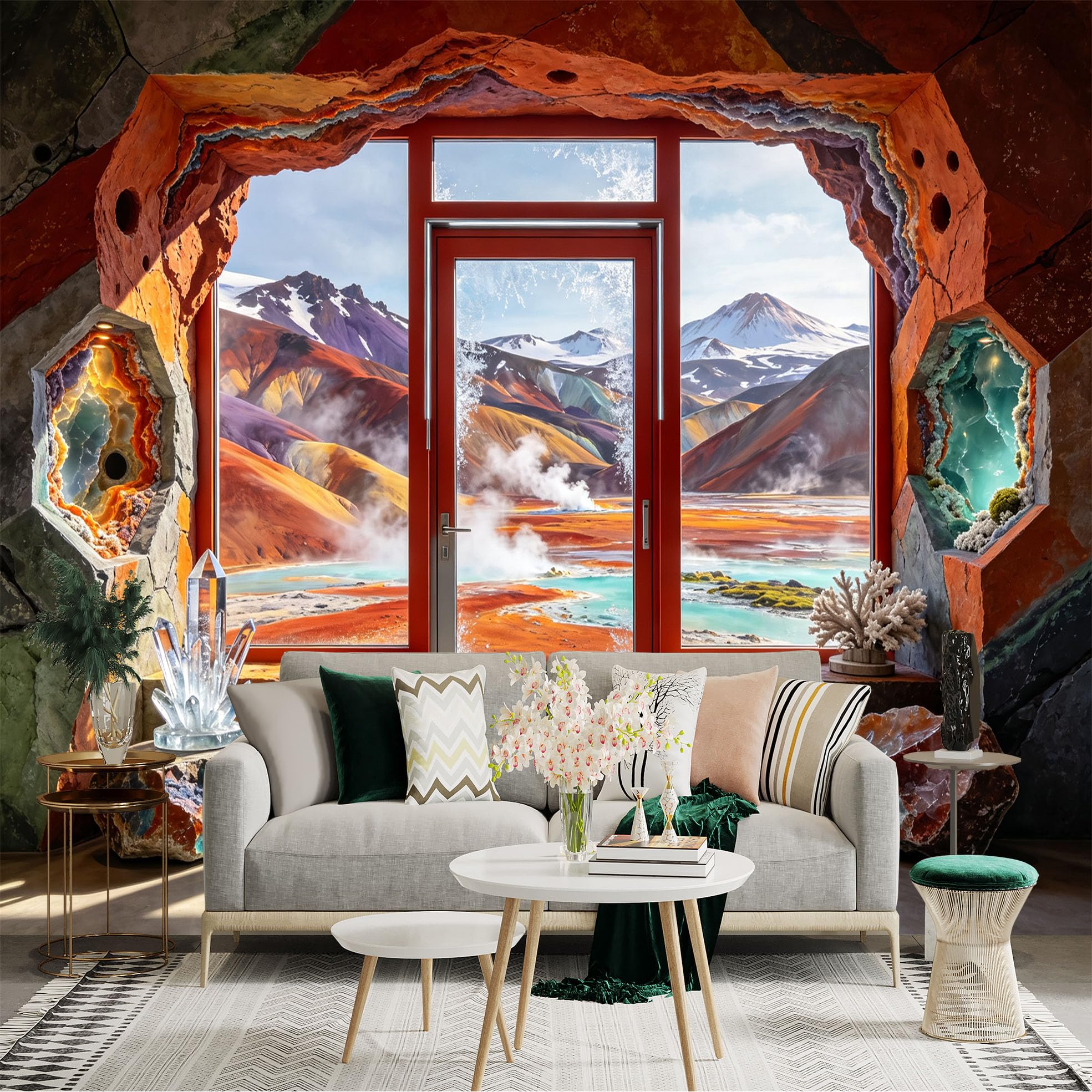 Custom Size Wall Sticker Mural， Volcanic Mountain Landscape， Crystal Cave and Scenic Lake， for wall Decoration， peelandstick wall Decals.