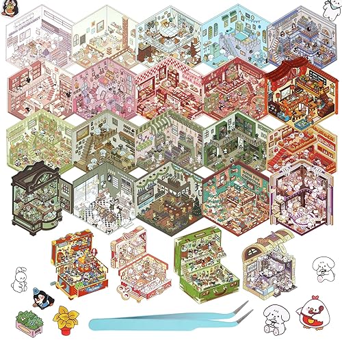 BEAUTIFABLE 3D House Stickers, 24 Sets DIY Sticker Therapy for Adult Fun Cute Cartoon Stickers Scene Make Your Own Mini Room Scenes Miniature Supermarket for Relief Stress Pass The Time - 24 Pcs