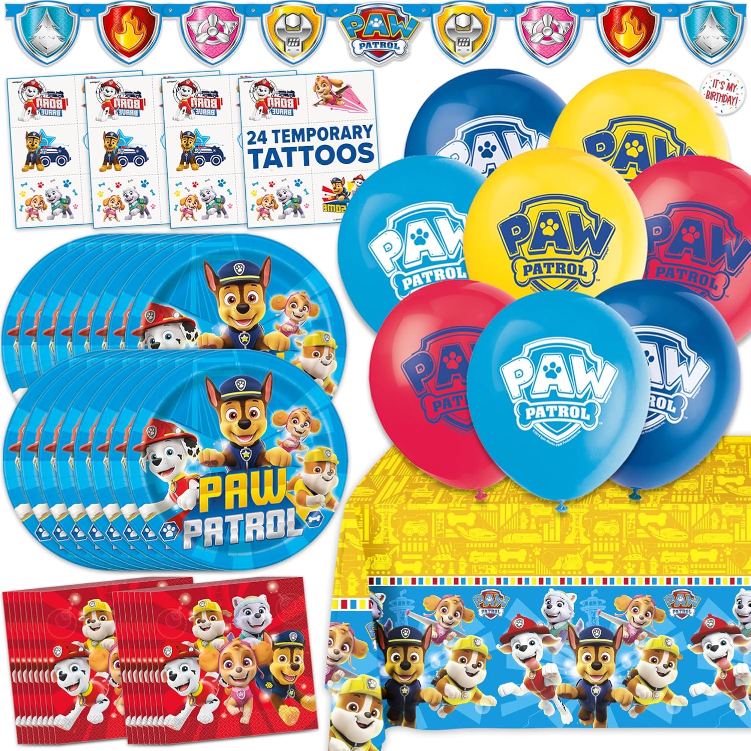 Paw Patrol Birthday Decorations | Serves 16 | Banner, Tablecloth, Balloons, Plates and Napkins, Temporary Tattoos, Sticker | Paw Patrol Party Decorations