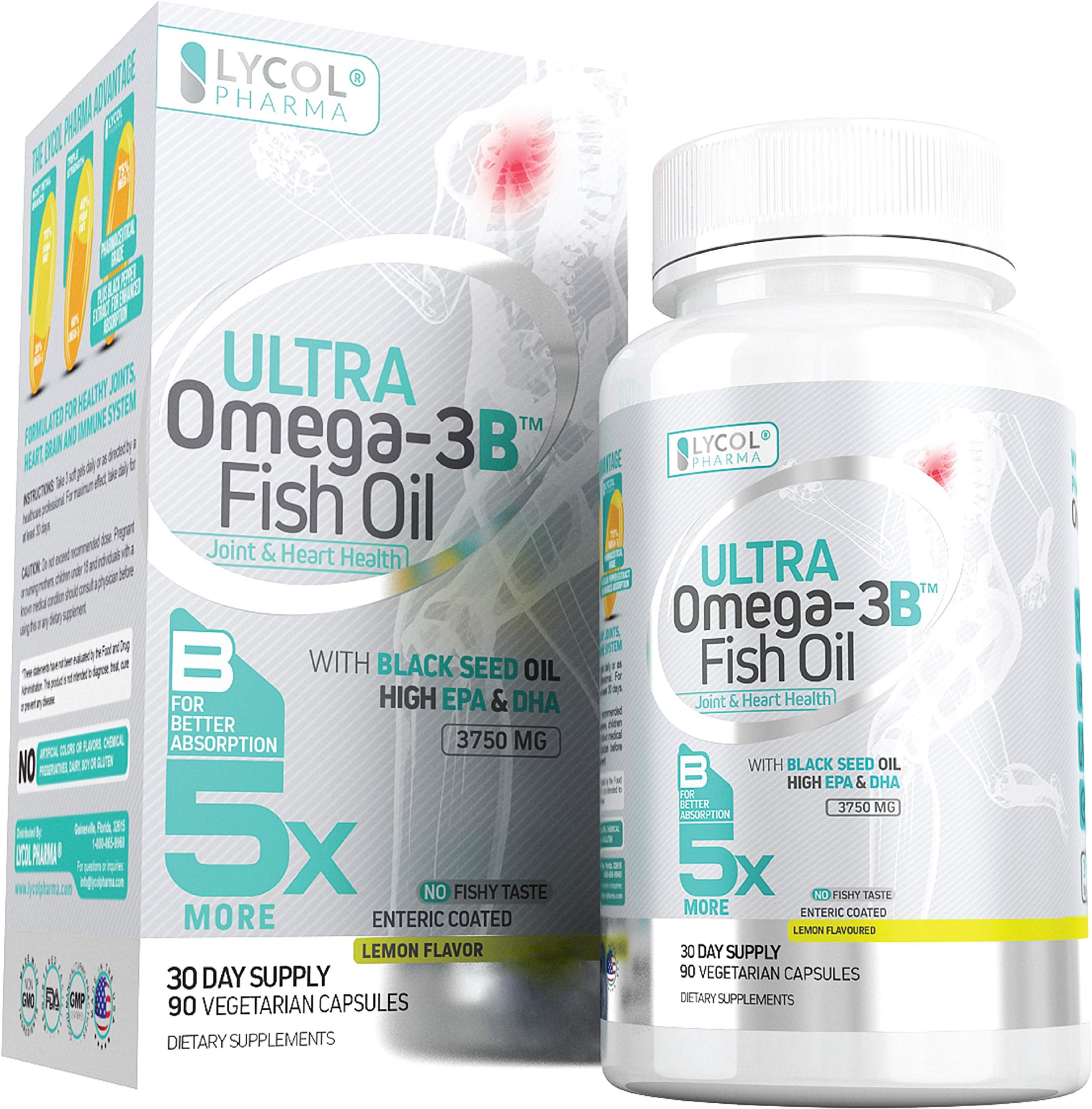 Lycol Pharma Ultra Omega-3B Fish Oil - Burp-Less 3750MG Formula - High EPA (1350MG) & DHA (900MG) with Black Seed Oil Extract - Enteric Coated for No Fishy Aftertaste